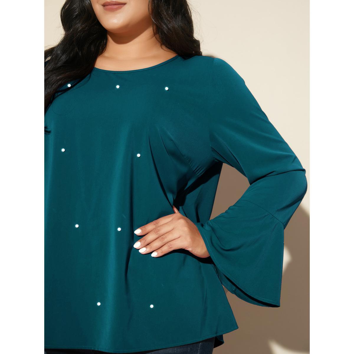 Plus Size Black Beaded Embellished Bell Sleeves Blouse Women Cocktail Long Sleeve Round Neck Party Blouses BloomChic 30/6X Product Image