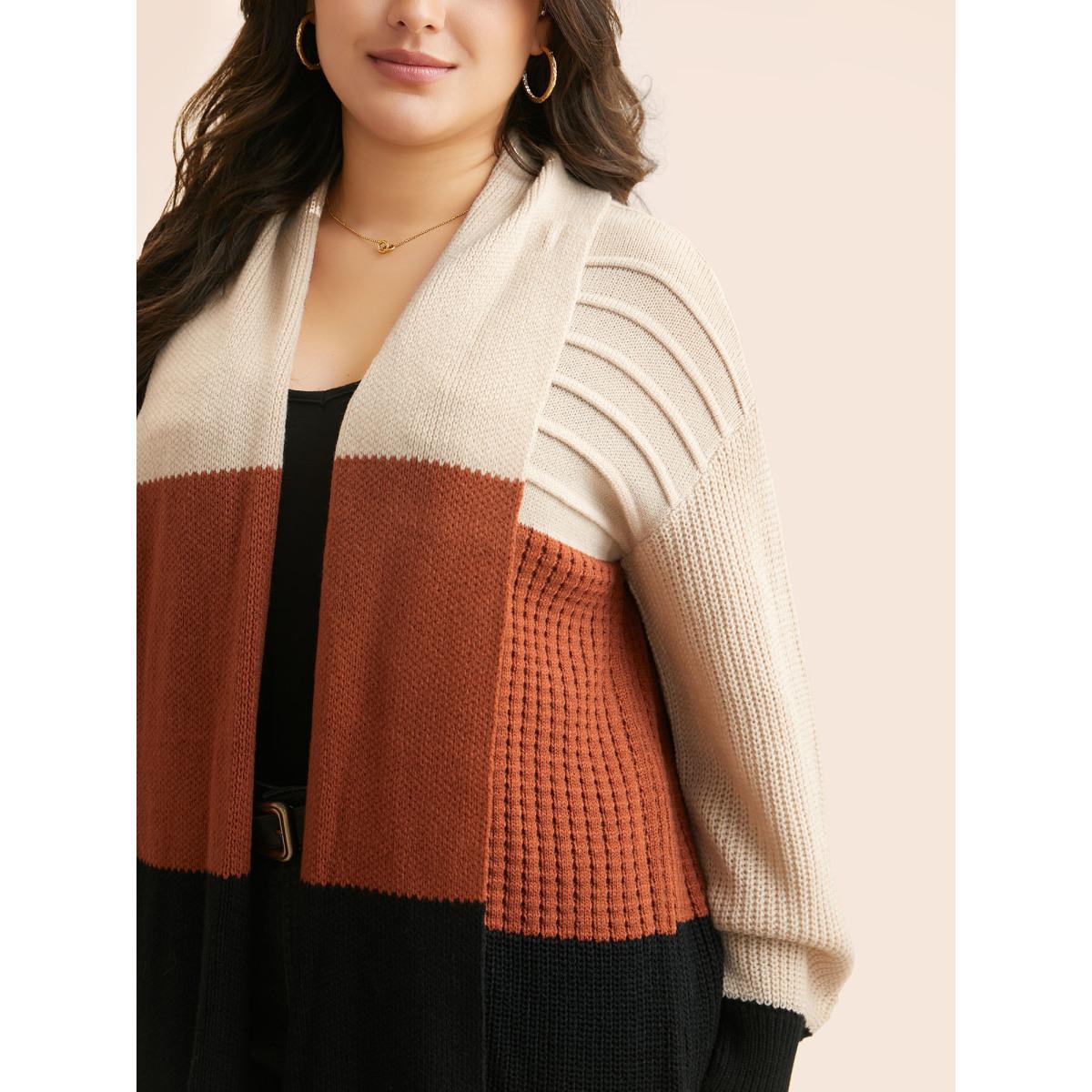 Plus Size Colorblock Contrast Lapel Collar Texture Cardigan Apricot Women Casual Loose Long Sleeve Everyday Cardigans BloomChic 26/4X Product Image