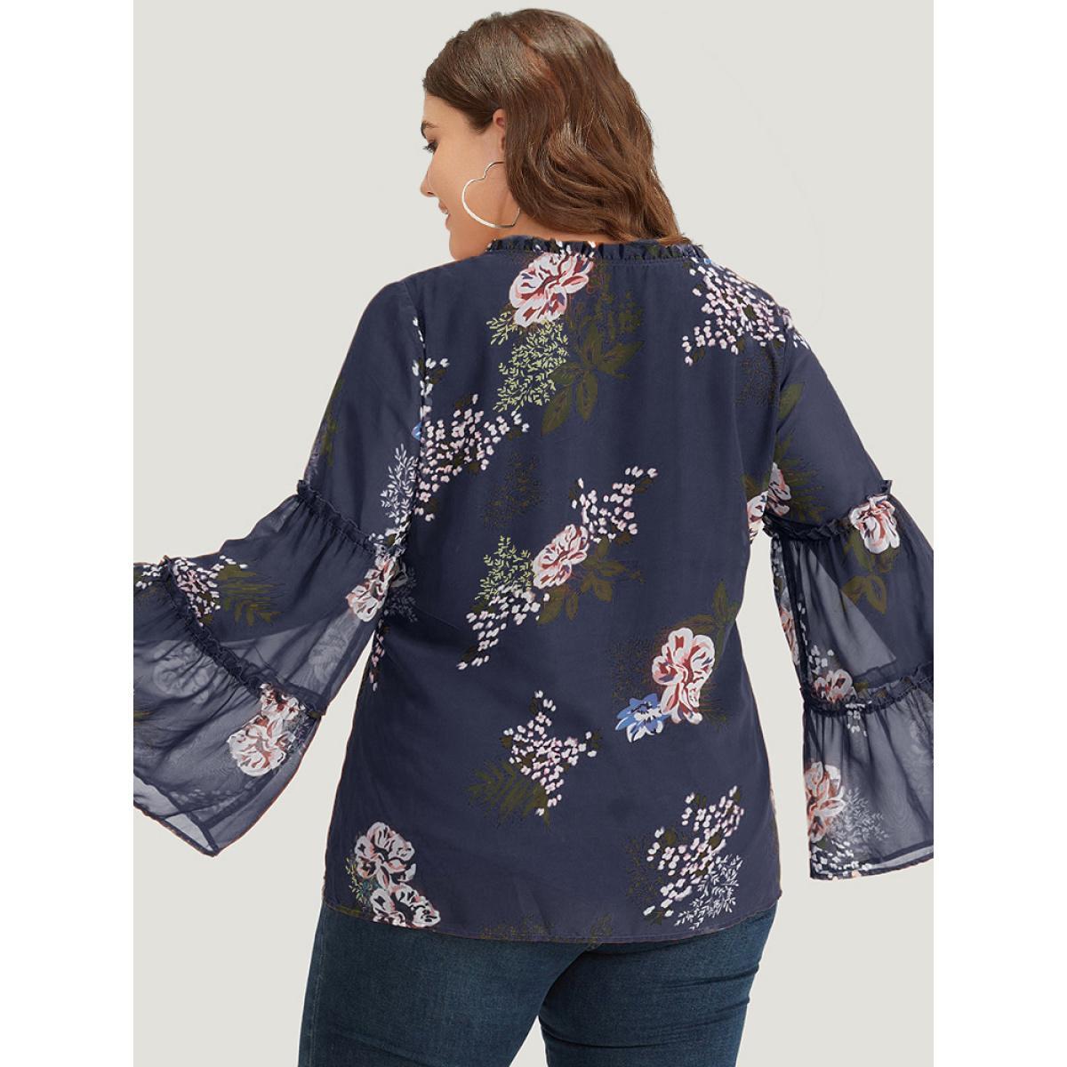 Plus Size Indigo Floral Print Knot Neck Frill Trim Mesh Bell Sleeve Blouse Women Vacation Long Sleeve Tie Neck Dailywear Blouses BloomChic 18-20/2X Product Image
