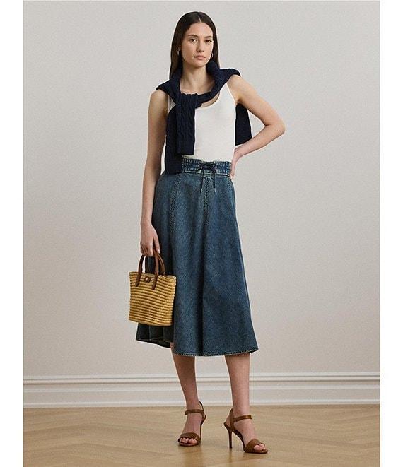 Lauren Ralph Lauren Drawcord Waist A-Line Denim Midi Skirt Product Image