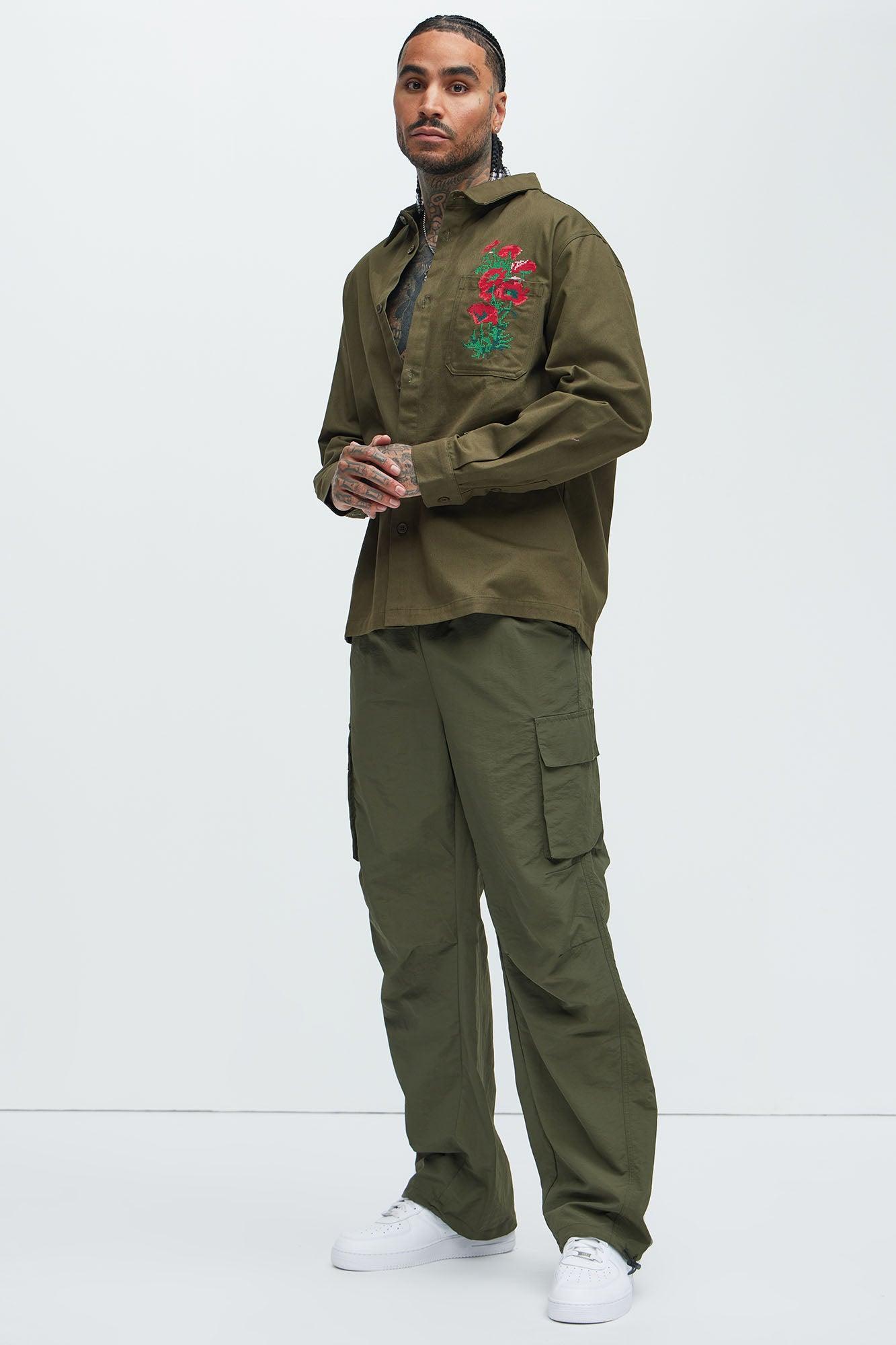 About My Perspective Wide Leg Baggy Nylon Pants - Olive Product Image