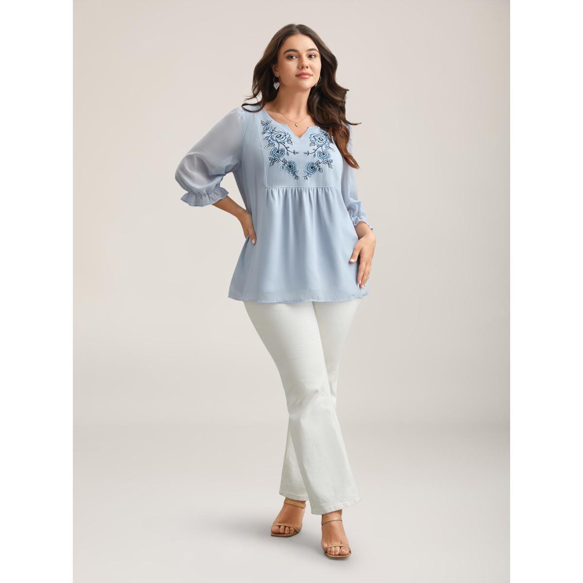 Plus Size LightBlue Chiffon Embroidery Puff Sleeve Pleated Shirt Women Elegant Elbow-length sleeve Notched collar Everyday Blouses BloomChic 12/L Product Image
