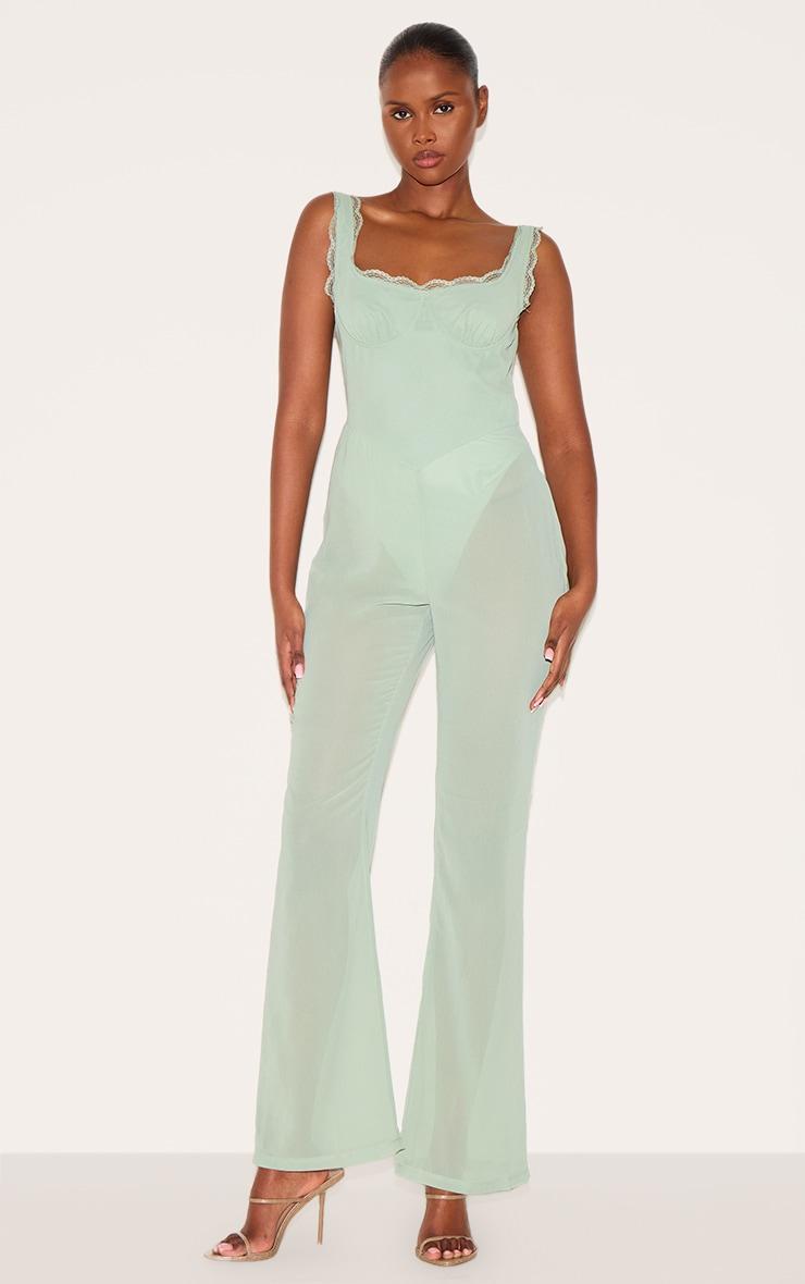 Sage Green Chiffon Corset Detail Flared Jumpsuit Product Image