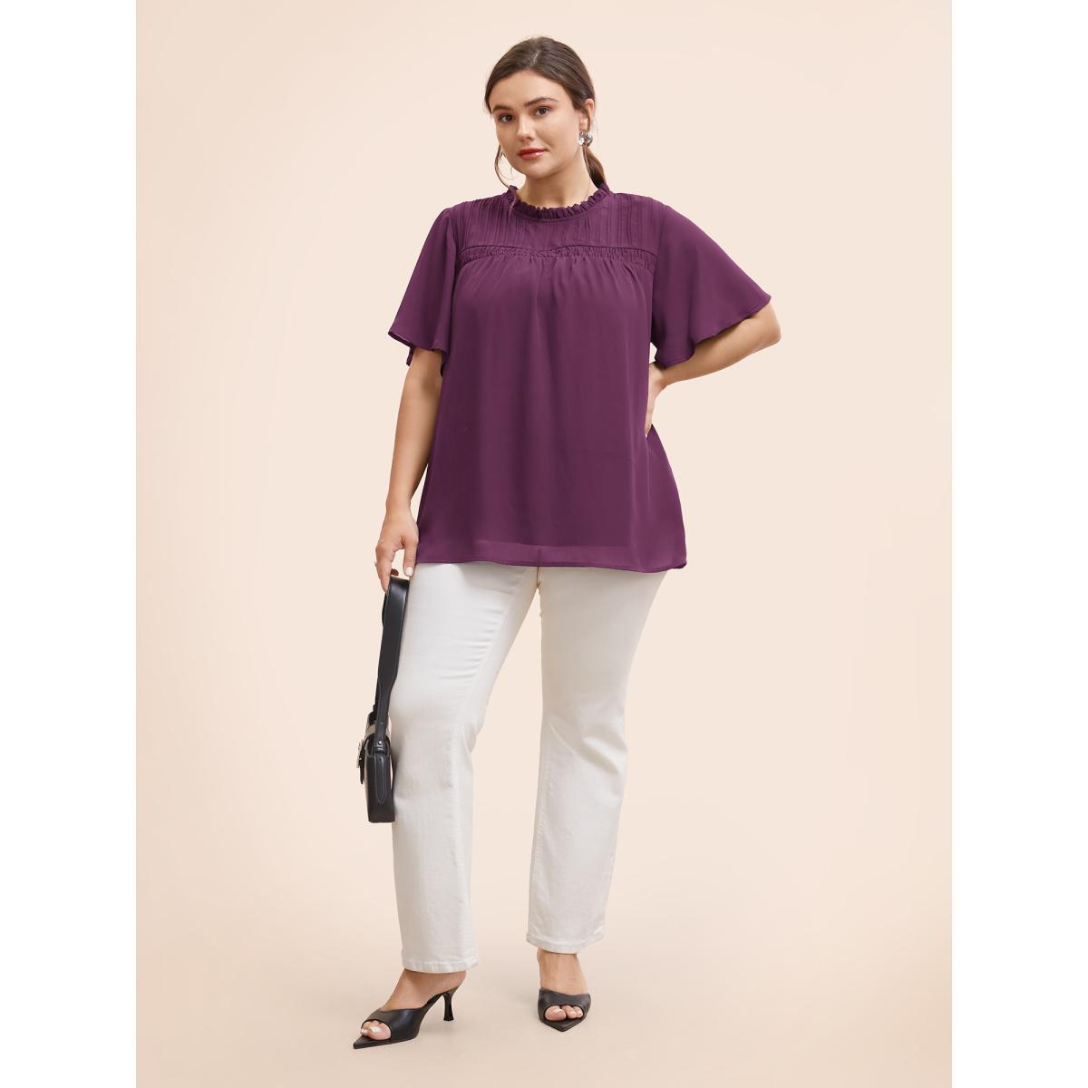 Plus Size Black Anti-Wrinkle Shirred Ruffle Sleeve Mesh Frill Trim Blouse Women Office Short sleeve Stand-up collar Work Blouses BloomChic 14-16/1X Product Image