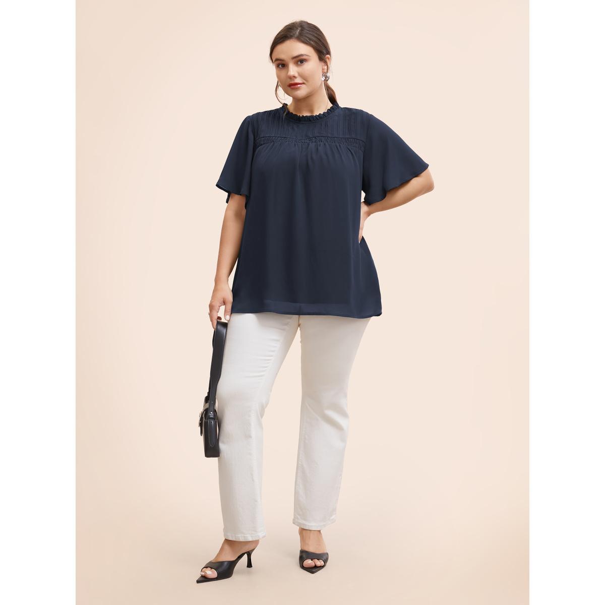 Plus Size Black Anti-Wrinkle Shirred Ruffle Sleeve Mesh Frill Trim Blouse Women Office Short sleeve Stand-up collar Work Blouses BloomChic 14-16/1X Product Image