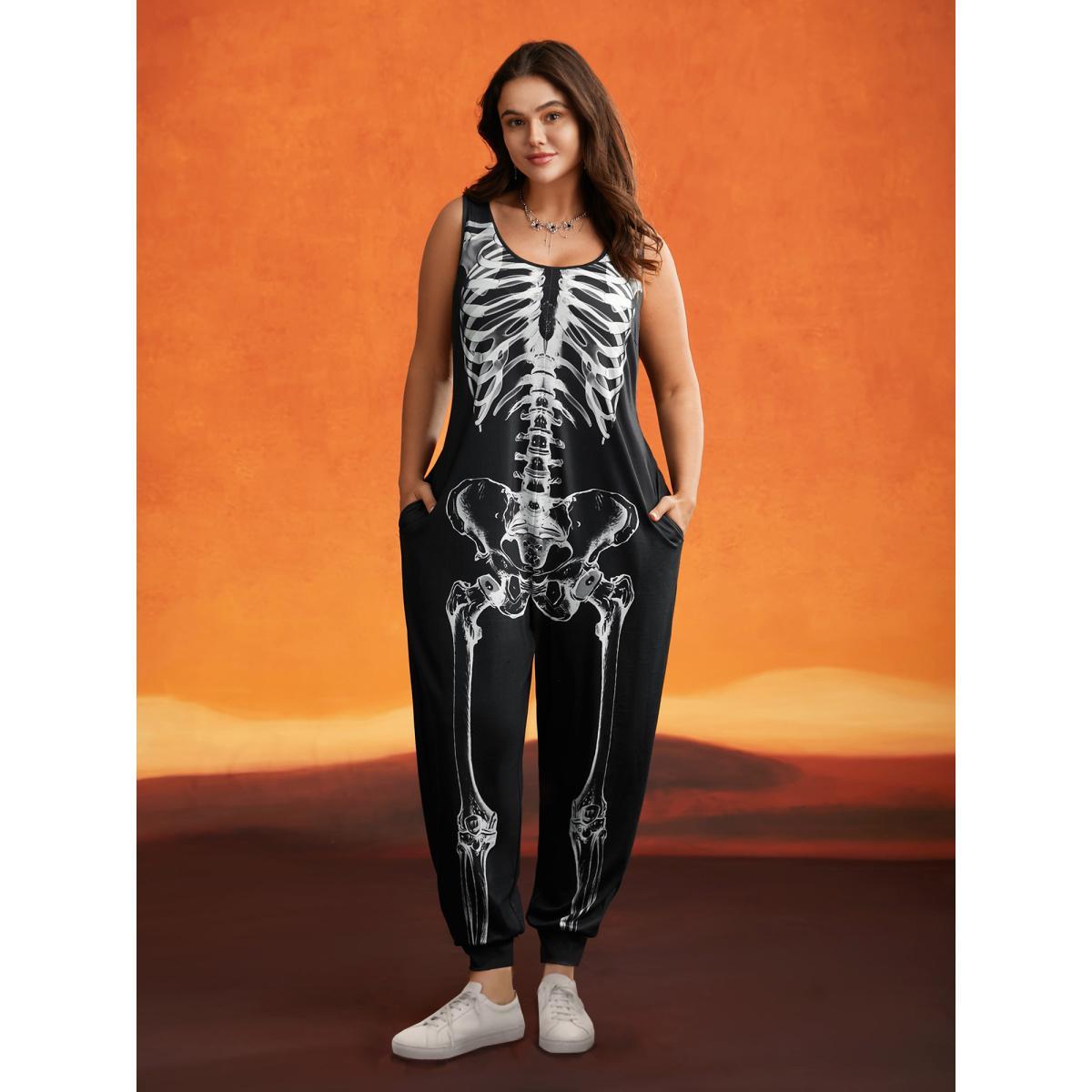 Plus Size Black Skeleton Printed Off-Sleeves Jumpsuit Women Cocktail Sleeveless U-neck Party Loose Jumpsuits BloomChic 10/M Product Image
