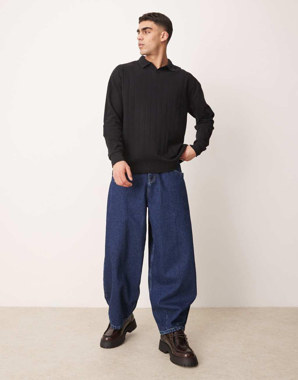 ASOS DESIGN oversized long sleeve textured ribbed polo with camp collar in black Product Image