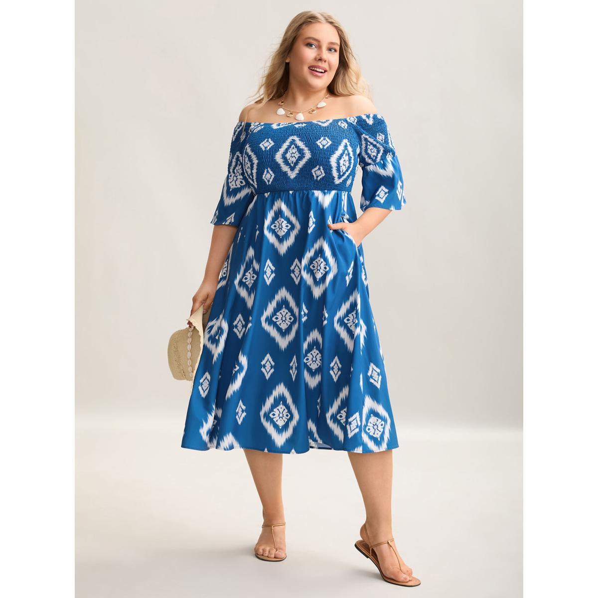Plus Size Bandana Print Off-Shoulder Pockets Midi Dress Aegean Women Resort Shirred One-shoulder neck Elbow-length sleeve Curvy BloomChic 14-16/1X Product Image