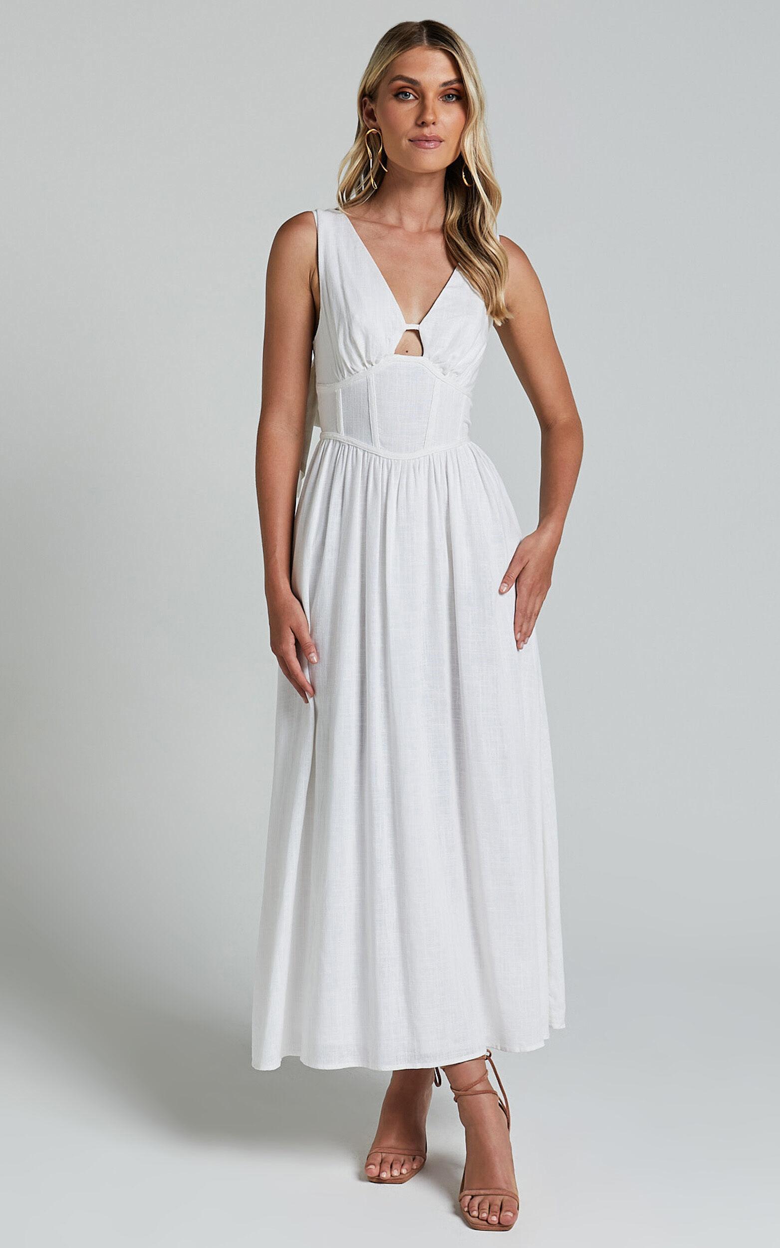Amalie The Label - Chamika Linen Blend Bustier Double Tie Back Midi Dress in White Product Image