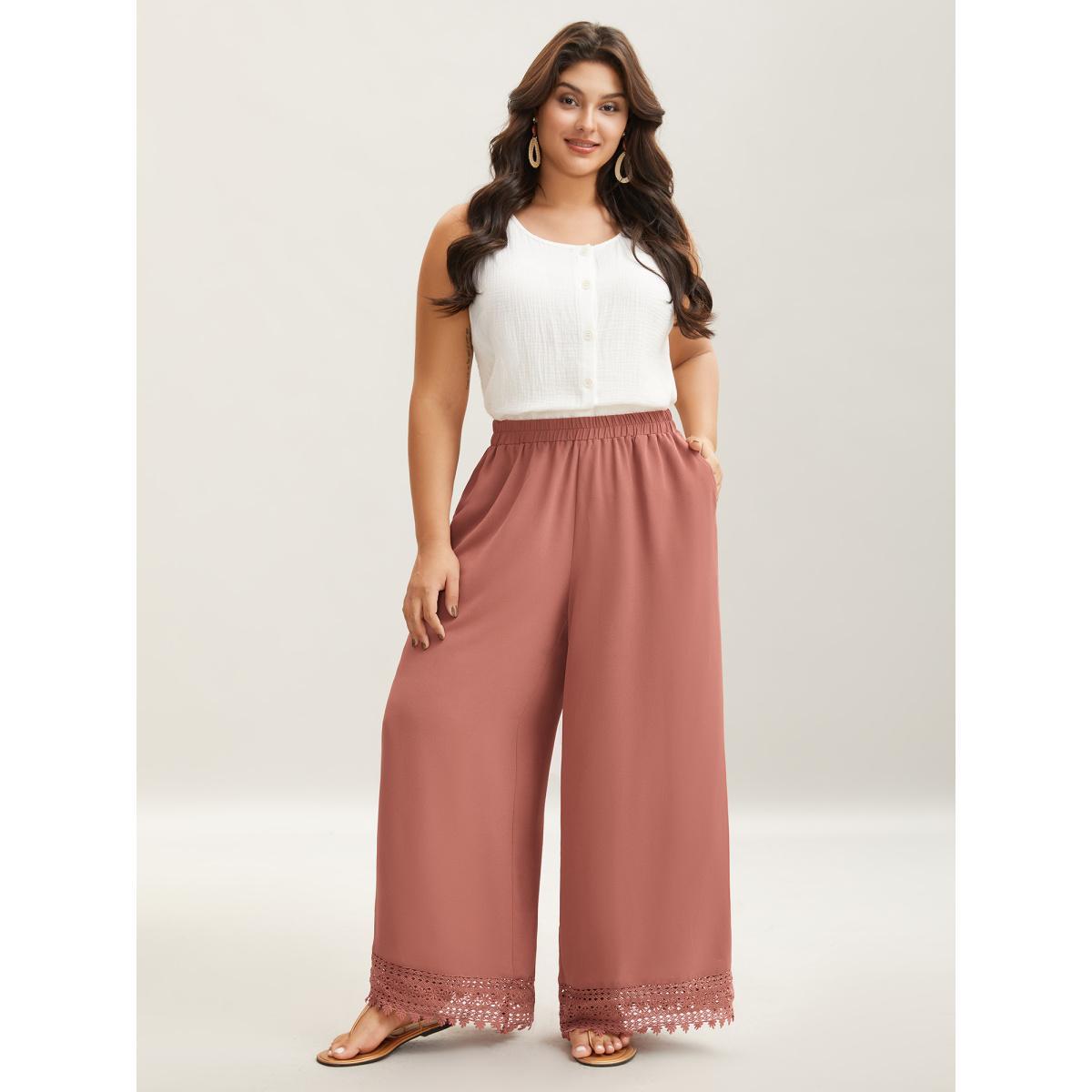 Plus Size Lace Hem Wide-Leg Pocket Pants Women Russet Casual Wide Leg Mid Rise Everyday Pants BloomChic 30/6X Product Image