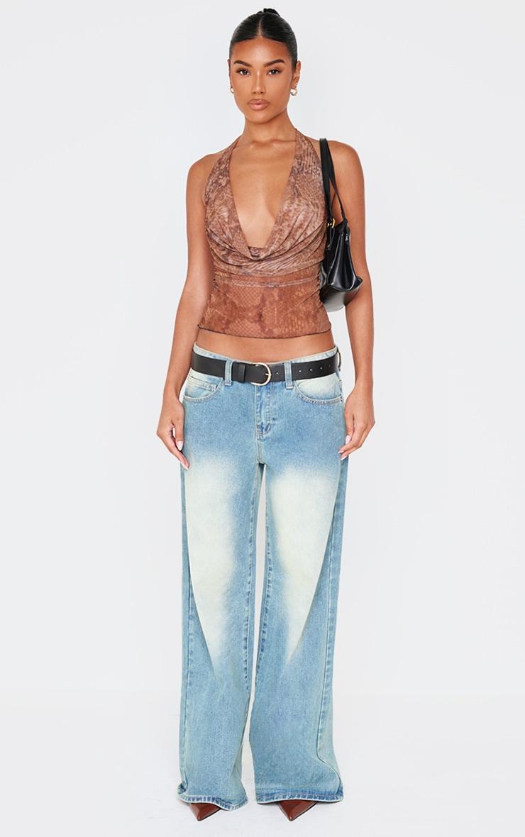 Brown Snake Print Mesh Cowl Halterneck Crop Top Product Image