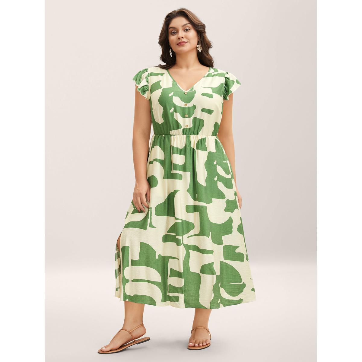 Plus Size Geometric Print Cinched-Waist Button Midi Dress Olive Women V-neck Short sleeve Curvy BloomChic 28/5X Product Image