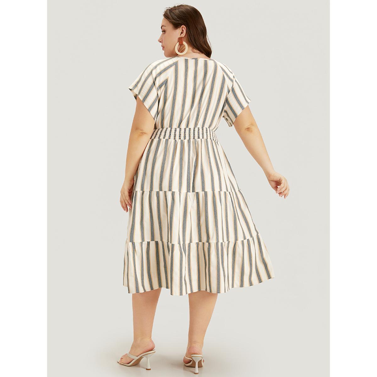 Plus Size Striped Contrast Pocket Shirred Flutter Tiered Dress Apricot Women Resort Non V-neck Short sleeve Curvy Midi Dress BloomChic 14-16/1X Product Image