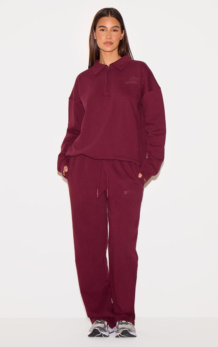 PRETTYLITTLETHING Burgundy Premium Studio Archives Straight Leg Sweatpants Product Image