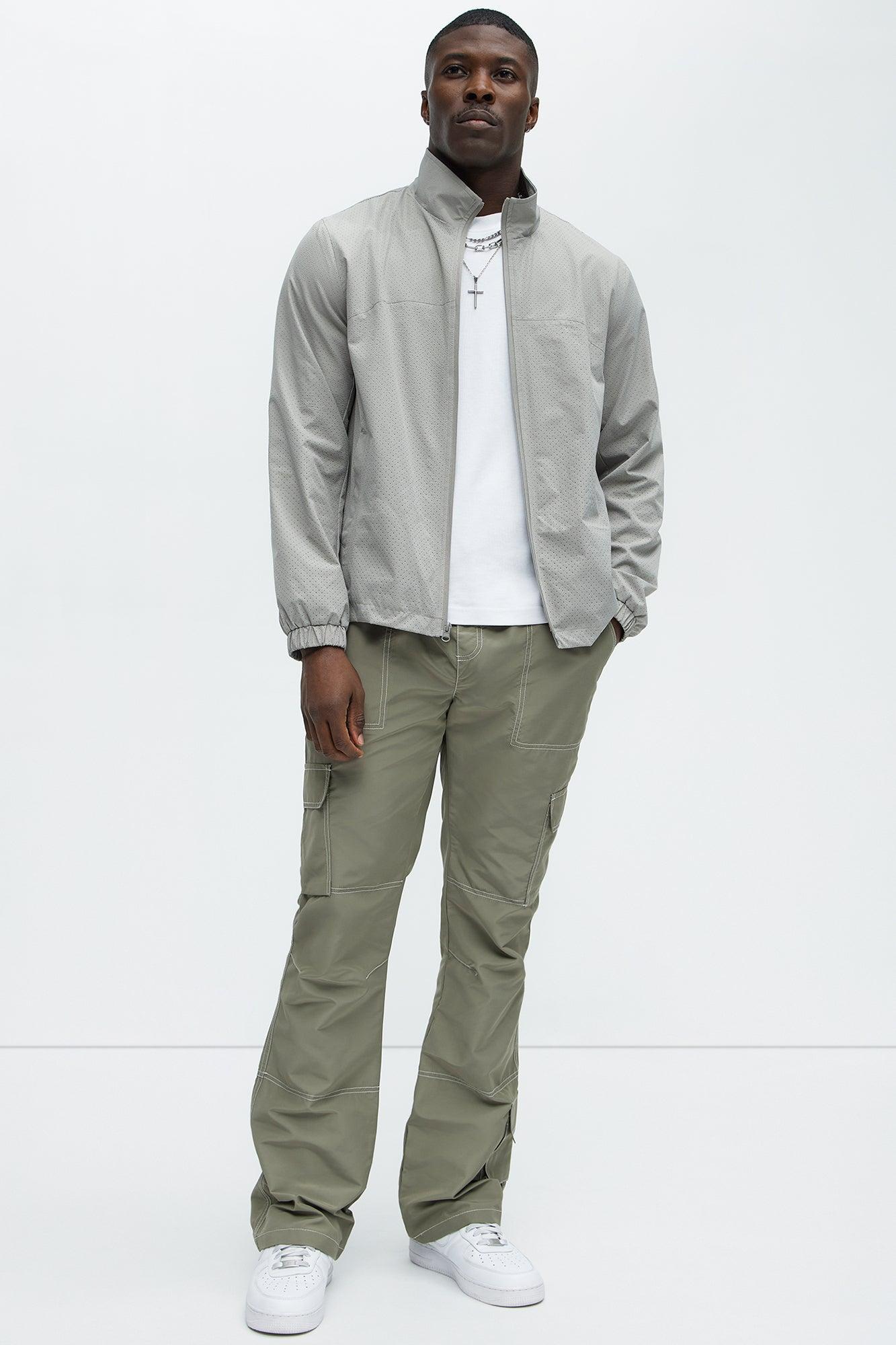 Contrast Stitch Nylon Flared Cargo Pants - Grey Product Image