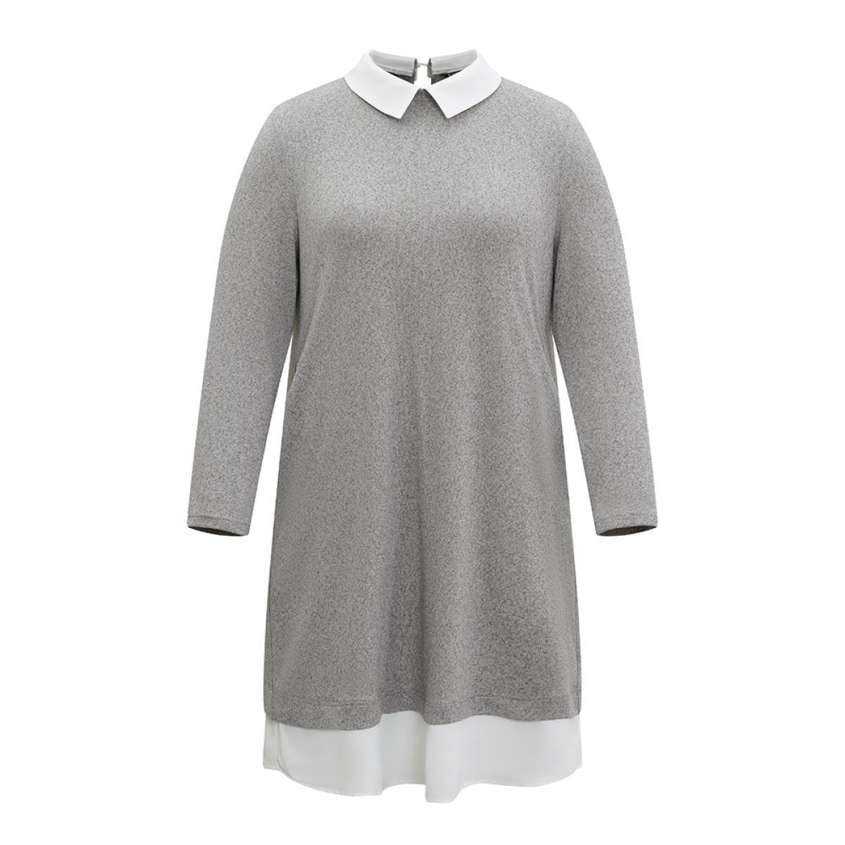 Plus Size Solid Lapel Collar Heather 2-In-1 Dress DarkGray Women Office Heather Lapel Collar Long Sleeve Curvy Midi Dress BloomChic 22-24/3X Product Image