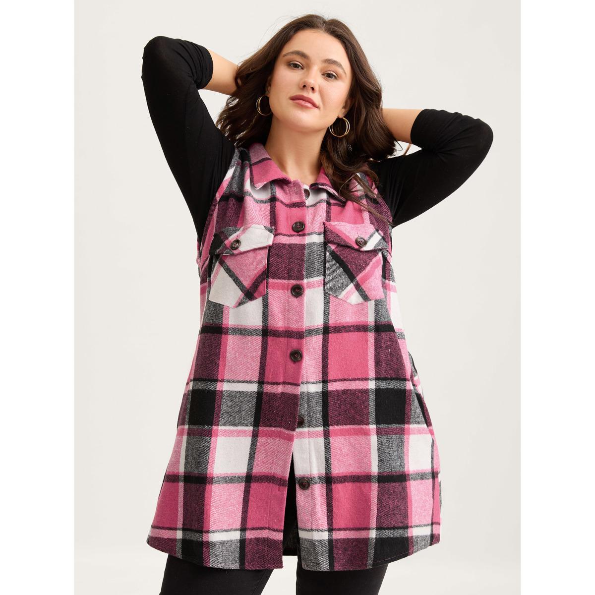 Plus Size Plaid Flap Detail Sleeveless Jacket Women Rosered Button Side seam pocket Everyday Jackets BloomChic 30/6X Product Image