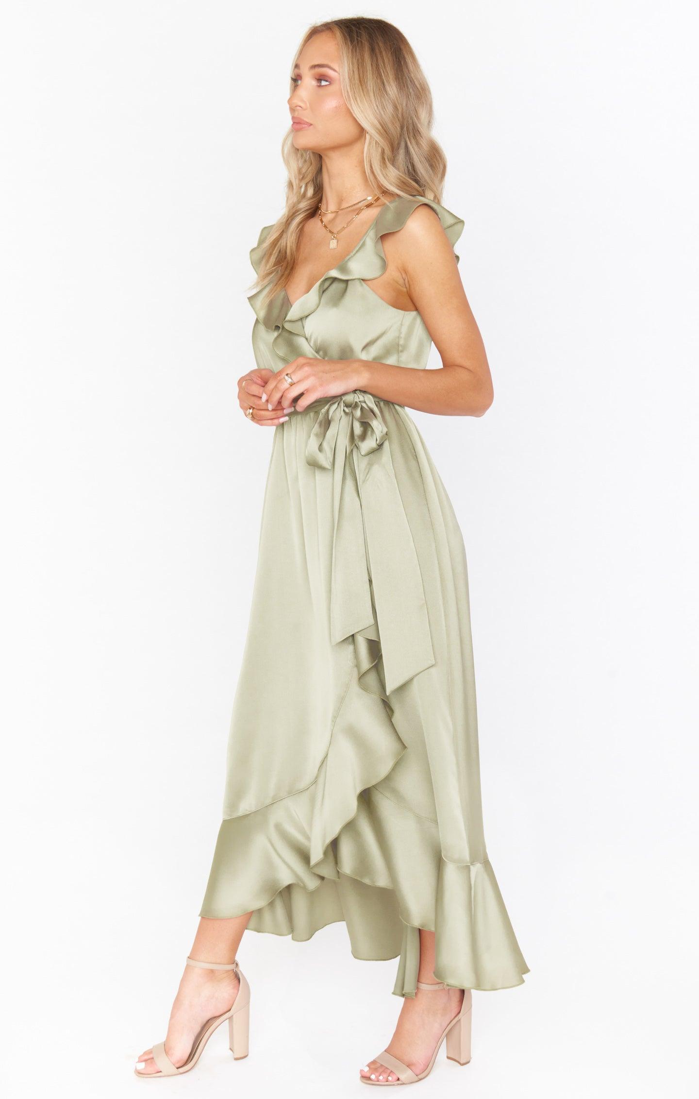 Samantha Ruffle Wrap Dress ~ Rose Gold Luxe Satin Product Image