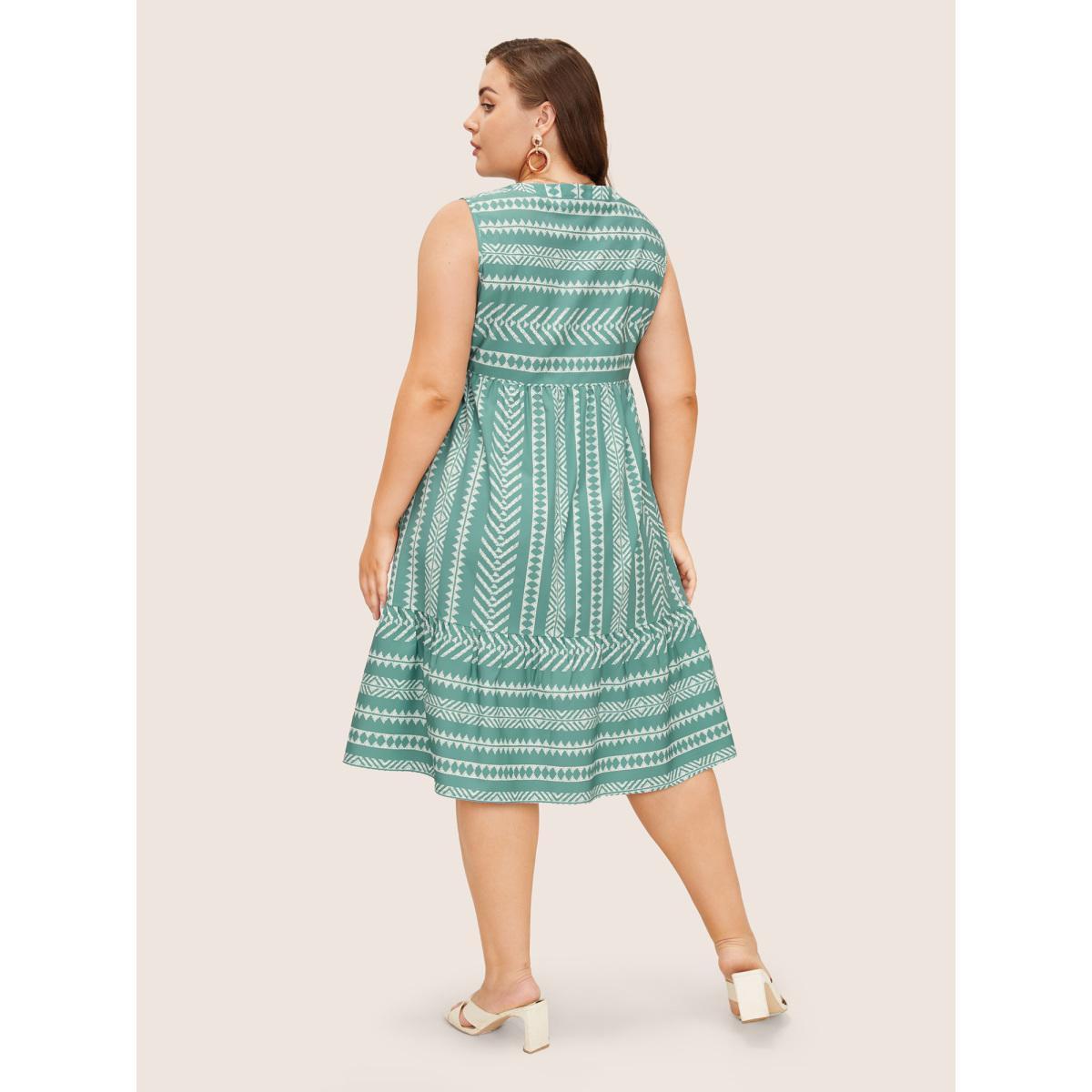 Plus Size Striped Geometric Pocket Ruffle Hem Sleeveless Tank Dress Green Women Casual Non V-neck Sleeveless Curvy BloomChic 26/4X Product Image