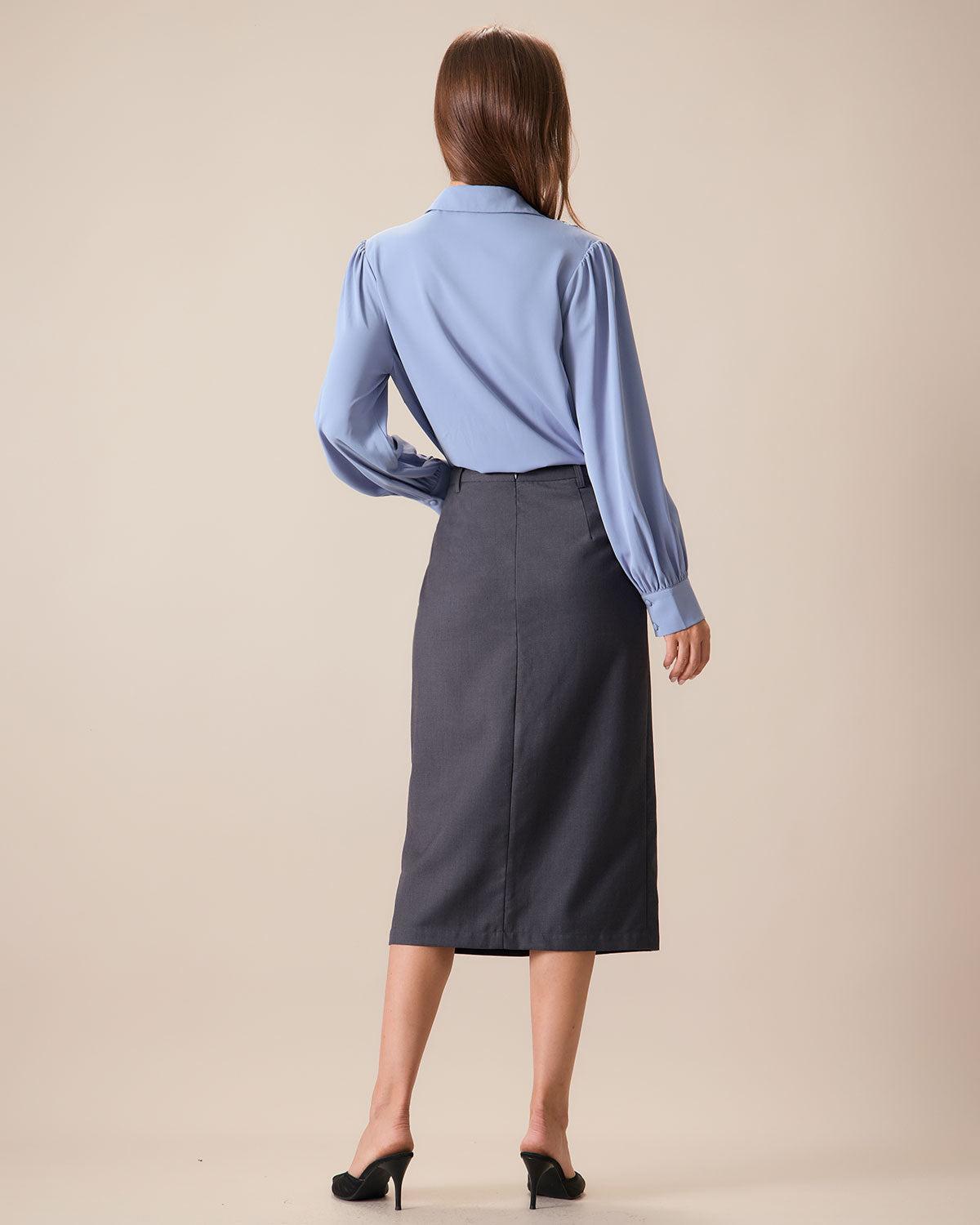 Women's Grey High-waisted Straight Slit Midi Skit Female Product Image