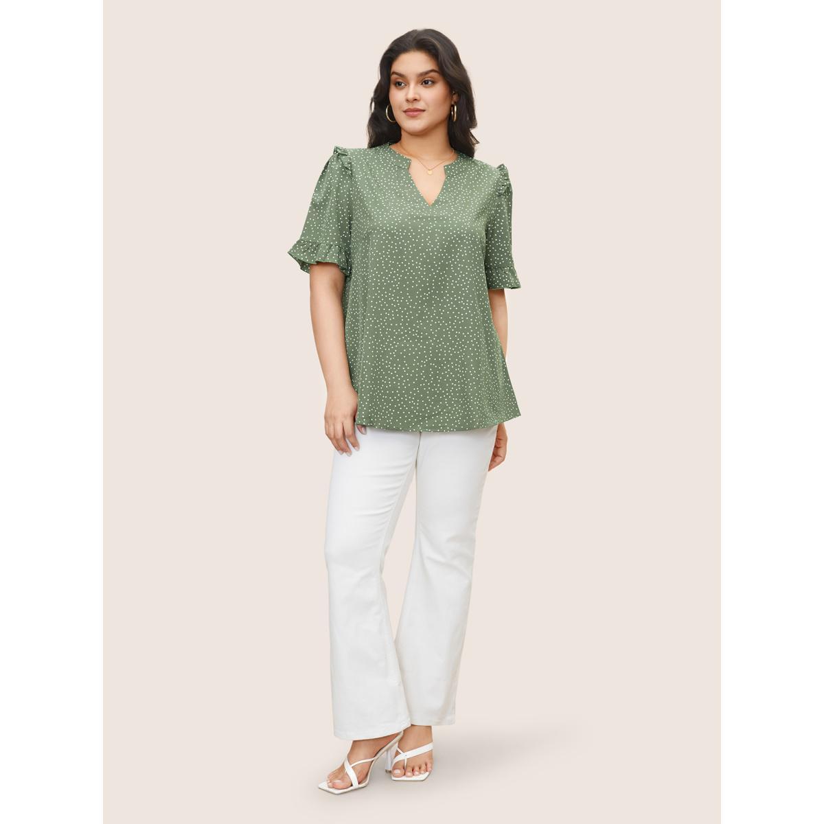 Polka Dot Ruffles Plus Size Women Blouses Elegance Casual Ruffles Ruffle Sleeve Short Sleeve V Neck Dailywear Blouses BloomChic Product Image