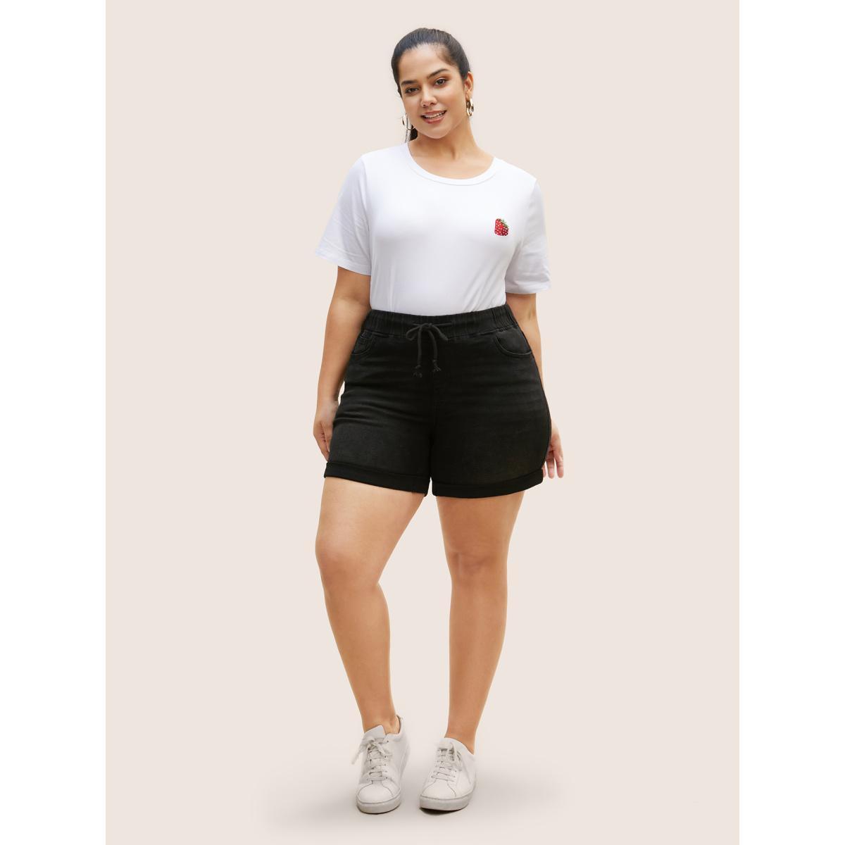 Plus Size Distressed Drawstring Roll Hem Denim Shorts Women Black Drawstring High stretch Everyday Slanted pocket Casual Denim Shorts BloomChic 20/2X Product Image