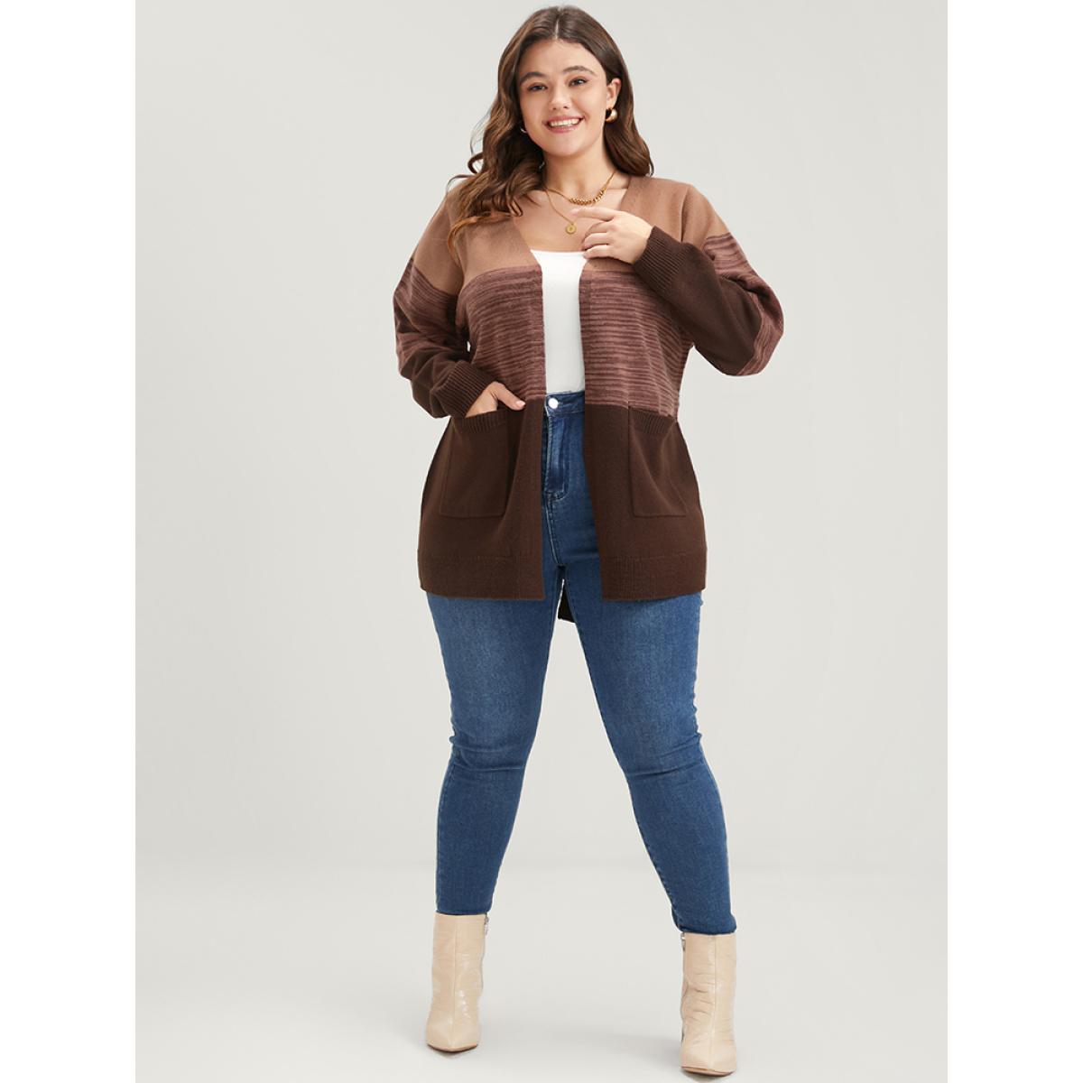 Plus Size Colorblock Contrast Pointelle Knit Pocket Belted Open Front Cardigan Multicolor Women Casual Loose Long Sleeve Dailywear Cardigans BloomChic 10/M Product Image
