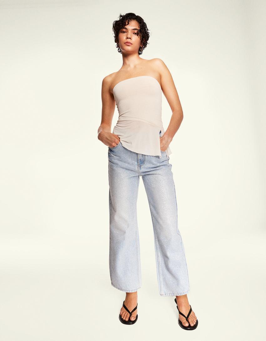 Straight cropped jeans with rhinestones Product Image