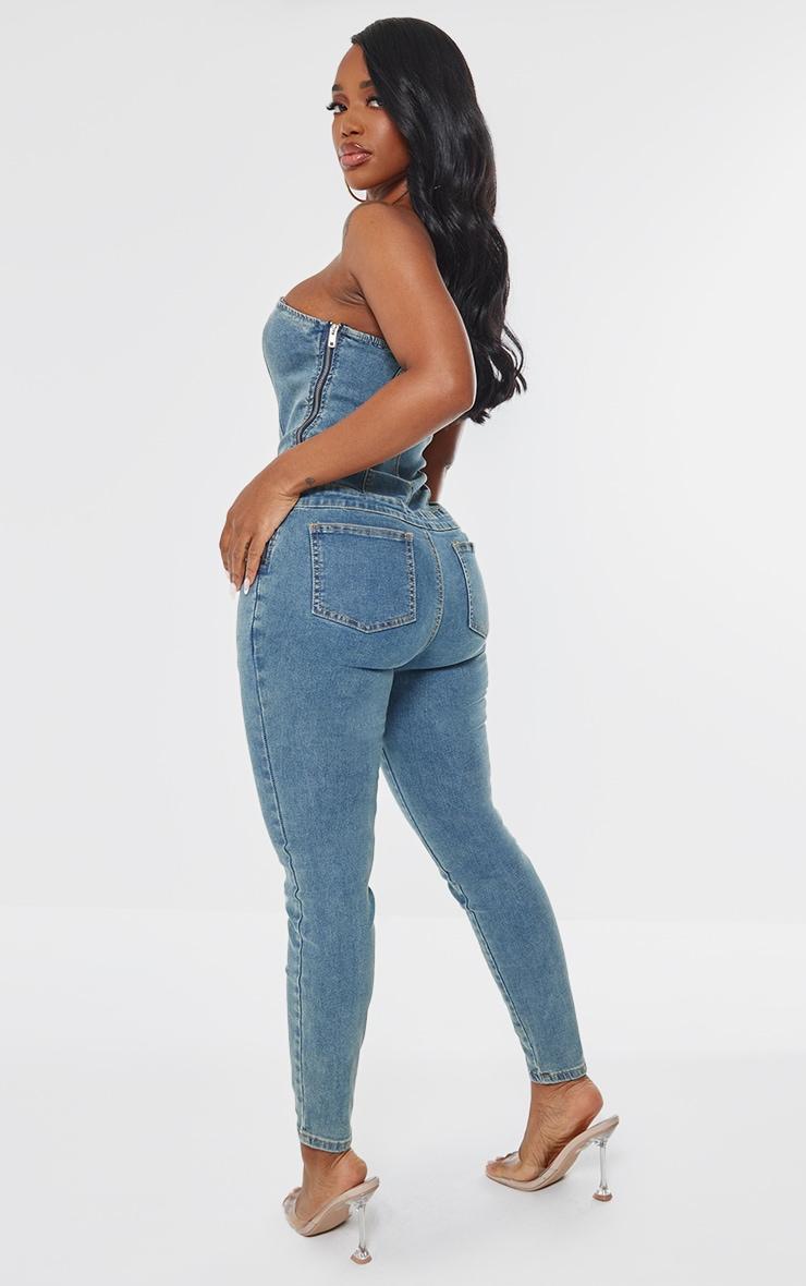 Shape Light Blue Wash Denim Bandeau Lace Up Detail Jumpsuit Product Image