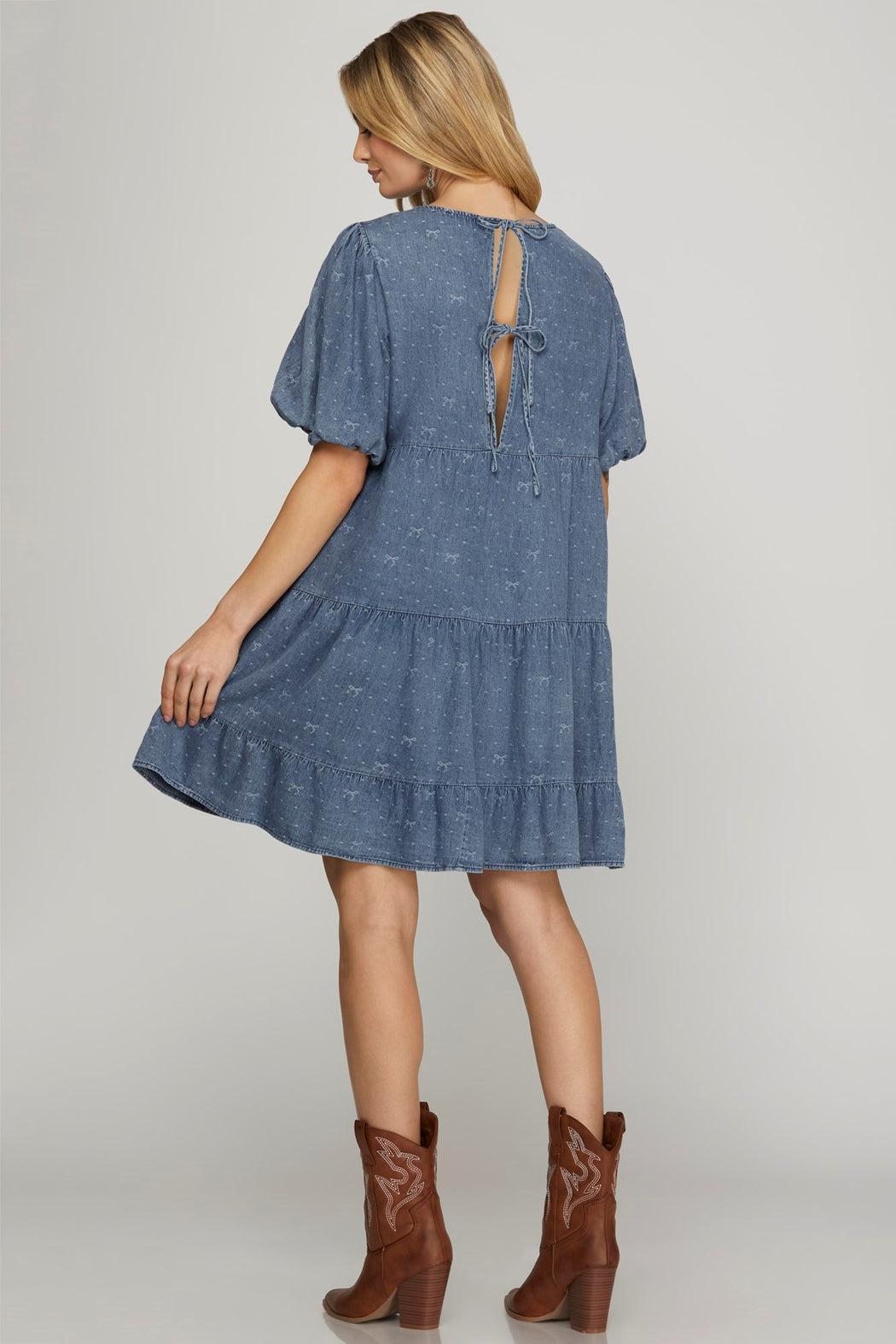 Bow Print Woven Chambray Dress Product Image