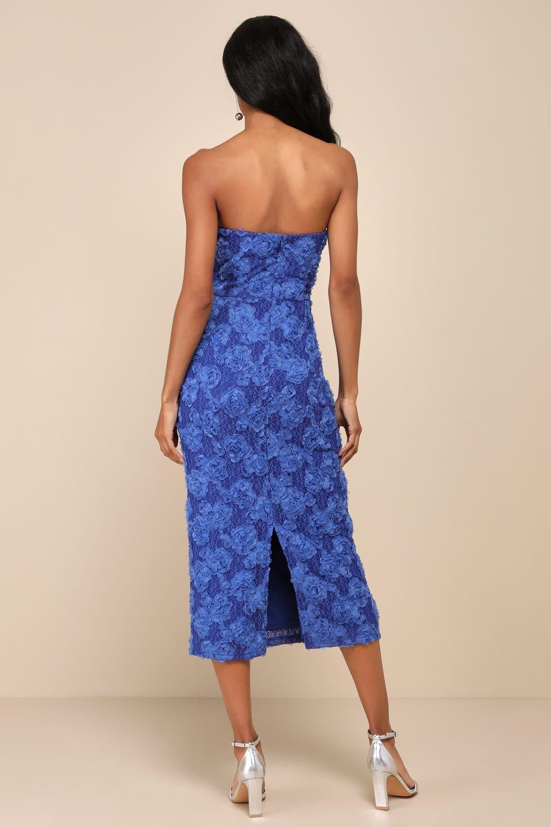 Flawless Perfection Blue Floral Applique Strapless Midi Dress Product Image