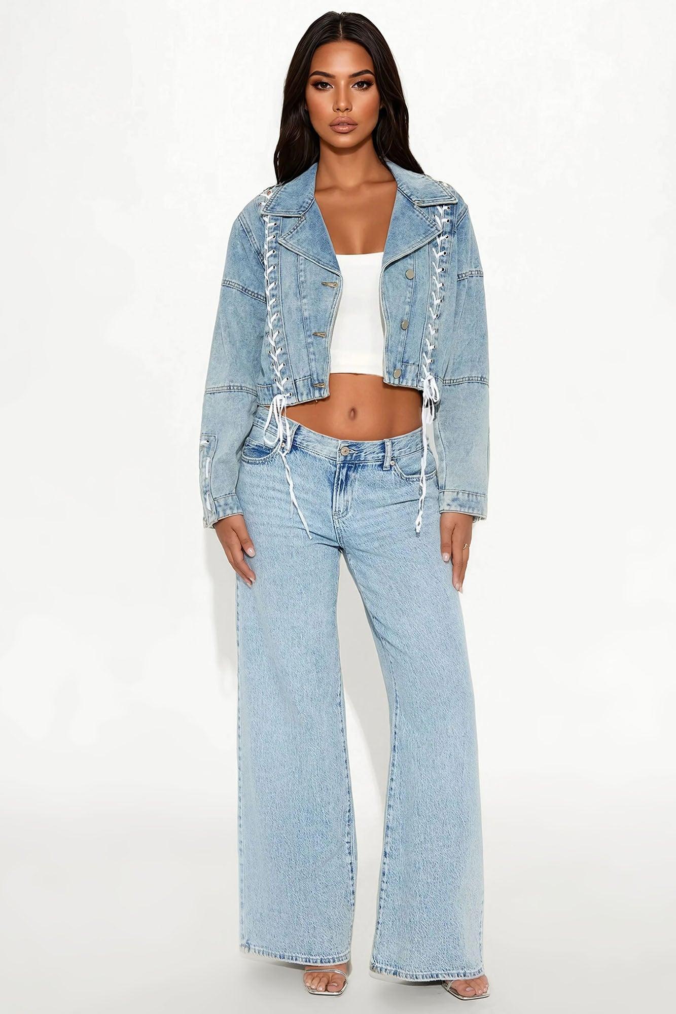 Mya Lace Up Denim Moto Jacket - Light Wash Product Image