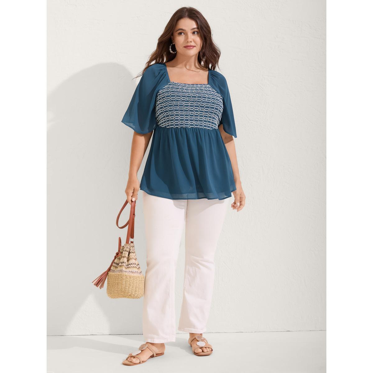 Plus Size Aegean Shirred Ruffled Sleeve Color Contrast Blouse Women Half Sleeve Square Neck Vacation Blouses BloomChic 26/4X Product Image