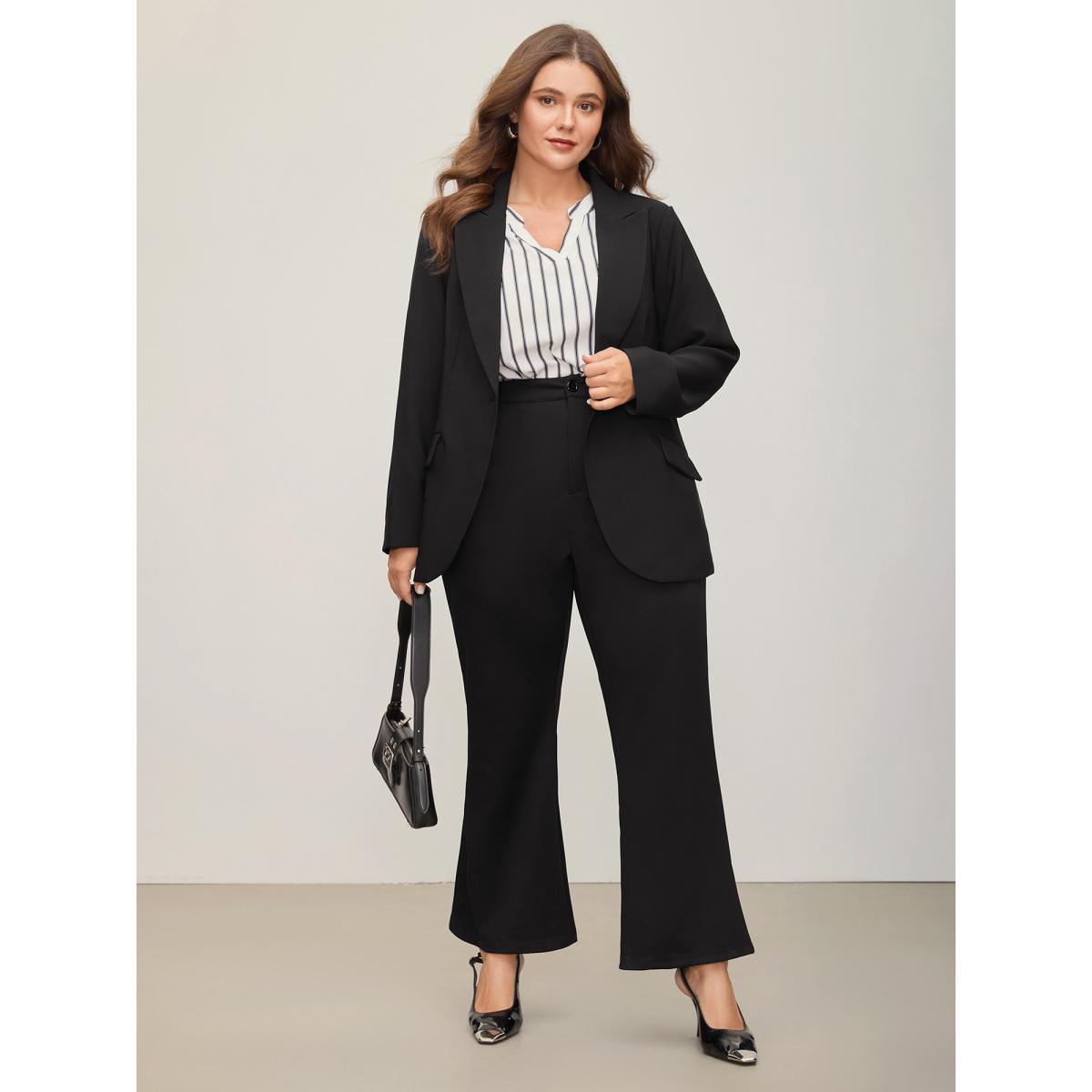 Plus Size Stretch Woven Pocket Slim-Fit Blazer Black Women Work Button Sleeve Extra Long Sleeve Suit Collar 22-24/3X Open pocket with flap At the Office Blazers BloomChic Product Image