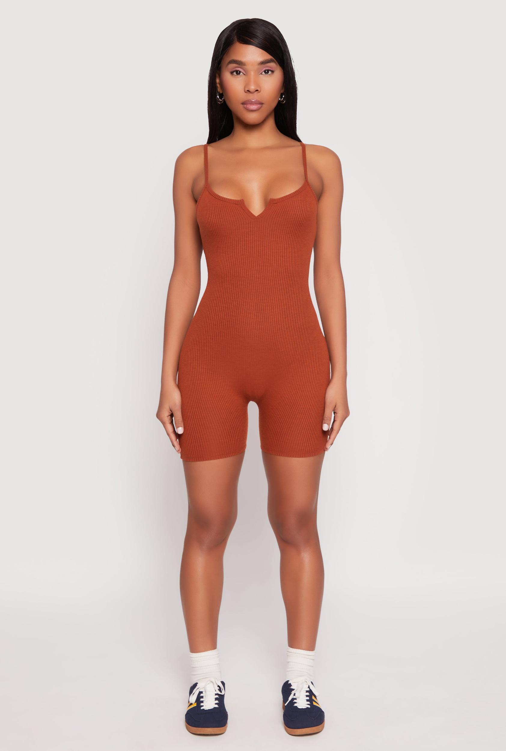 Womens Ribbed Knit Notch Neck Cami Romper Product Image