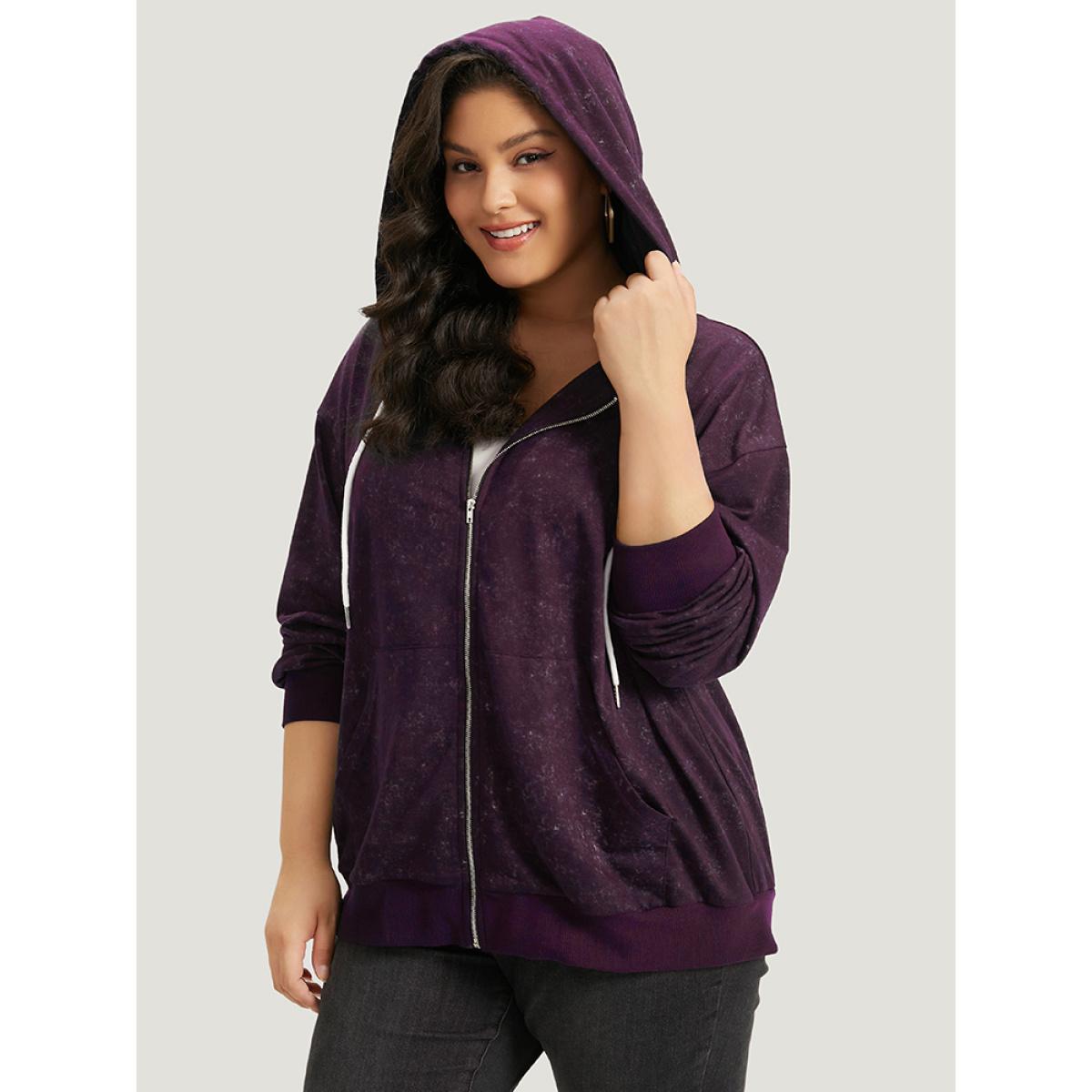 Plus Size Heather Hooded Drawstring Pocket Zipper Fly Sweatshirt Women Purple Casual Elastic cuffs Hooded Everyday Sweatshirts BloomChic 18-20/2X Product Image