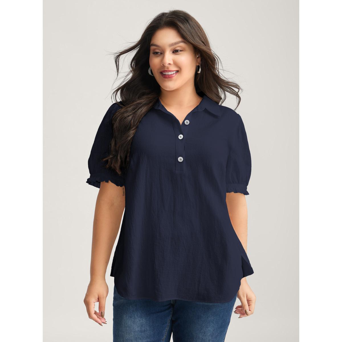 Plus Size Indigo Pure Cotton Ruffled Puffy Sleeve Blouse Women Short sleeve Shirt collar Work Blouses BloomChic 30/6X Product Image