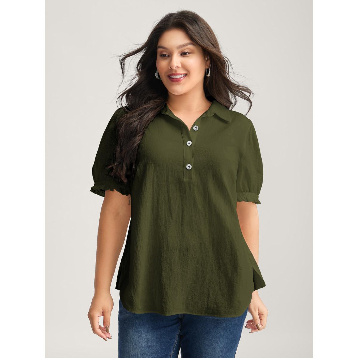 Plus Size Cyan Pure Cotton Ruffled Puffy Sleeve Blouse Women Short sleeve Shirt collar Work Blouses BloomChic 10/M Product Image