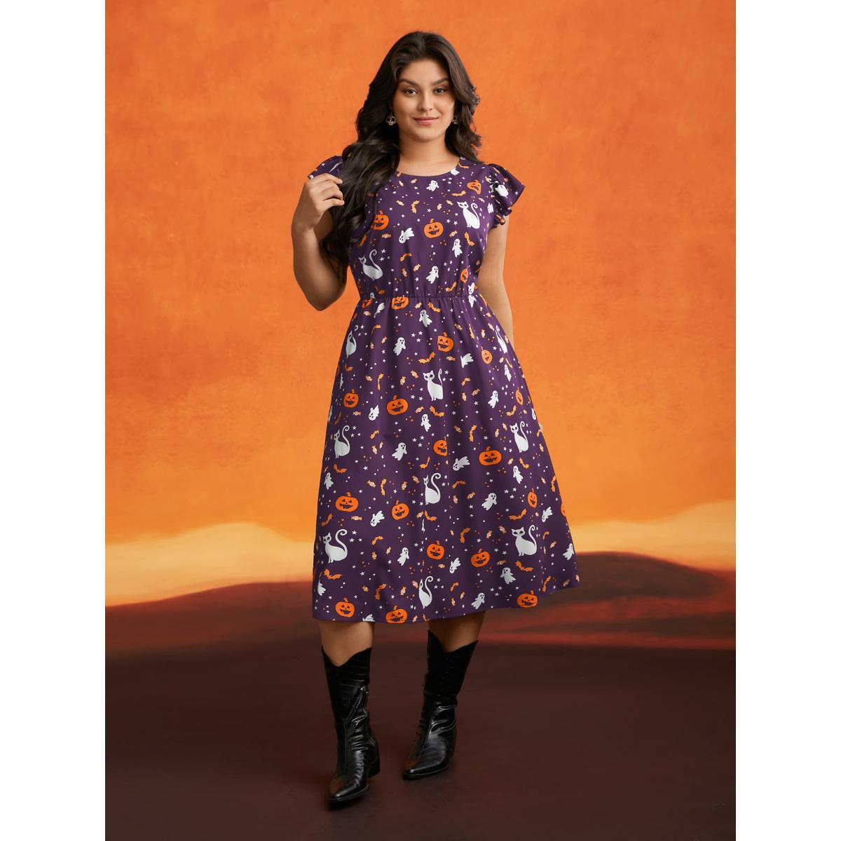 Plus Size Pumpkin Printed Ruffle Sleeves Midi Dress Deeppurple Women Casual Ruffles Party Curvy Bloomchic 28/5X Product Image