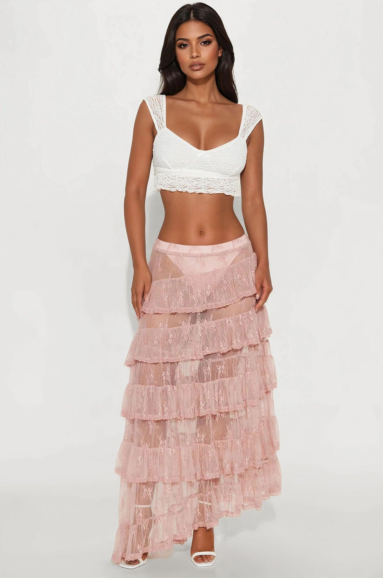 Hopeless Romantic Sheer Lace Asymmetrical Tiered Maxi Skirt - Mauve Product Image