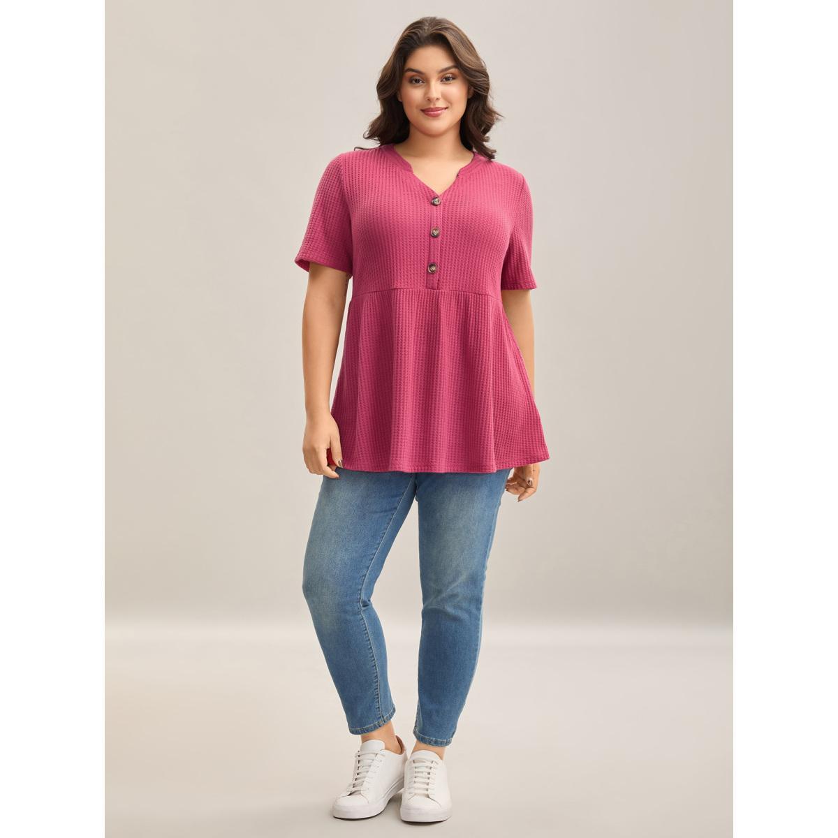 Plus Size Textured Notched Neck Button Plain T-Shirt Peach Women Casual Texture Notched collar Bodycon Everyday T-shirts BloomChic 30/6X Product Image