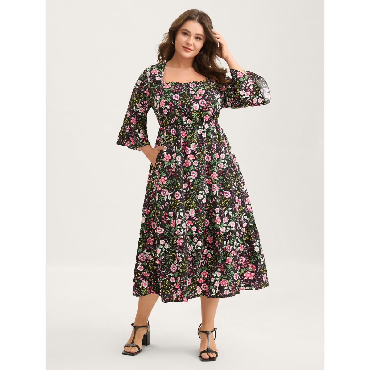 Plus Size Floral Ruffled Square Neck Midi Dress Black Women Ruffles Square Neck Elbow-length sleeve Curvy BloomChic 26/4X Product Image