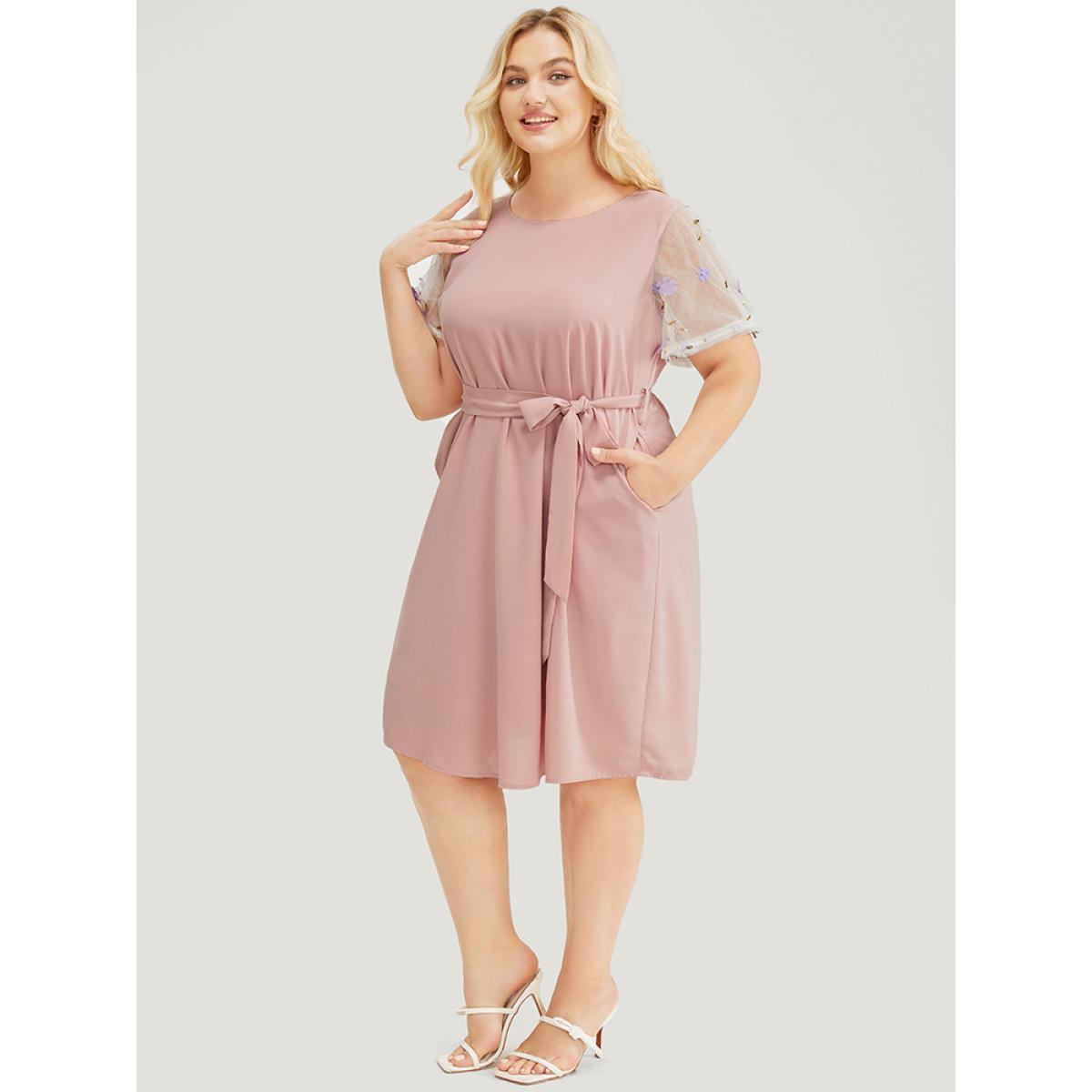 Plus Size Floral Mesh Sleeve Flutter Pocket Belt Knee Dress MistyRose Women Elegant Belted Round Neck Short sleeve Curvy Knee Dress BloomChic 30/6X Product Image