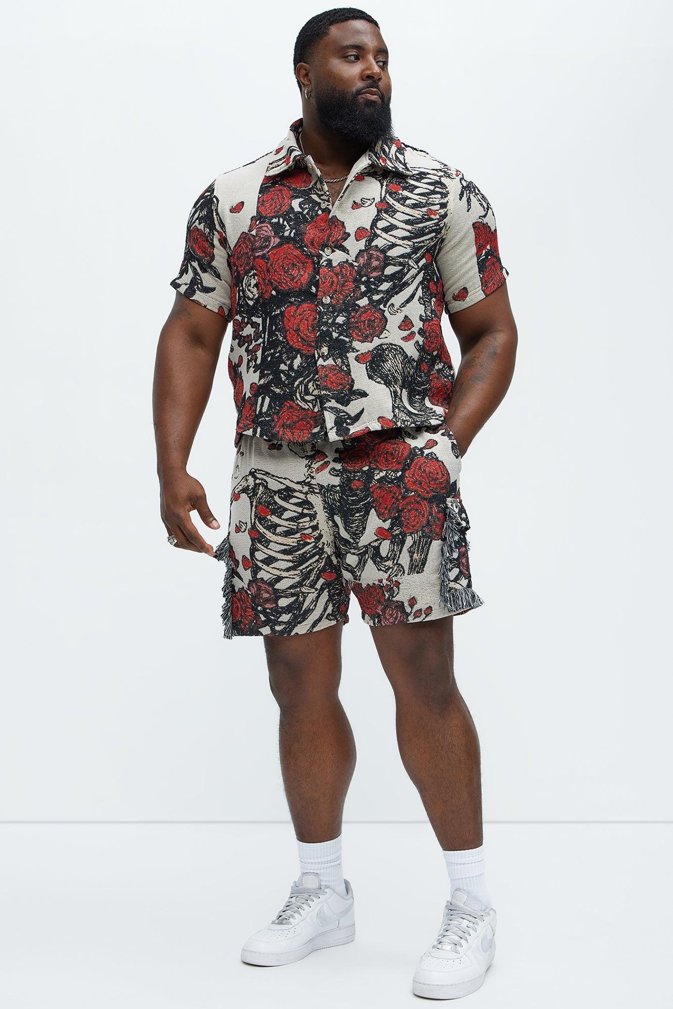 Petals Tapestry Short Sleeve Button Up Shirt - Red/combo Product Image