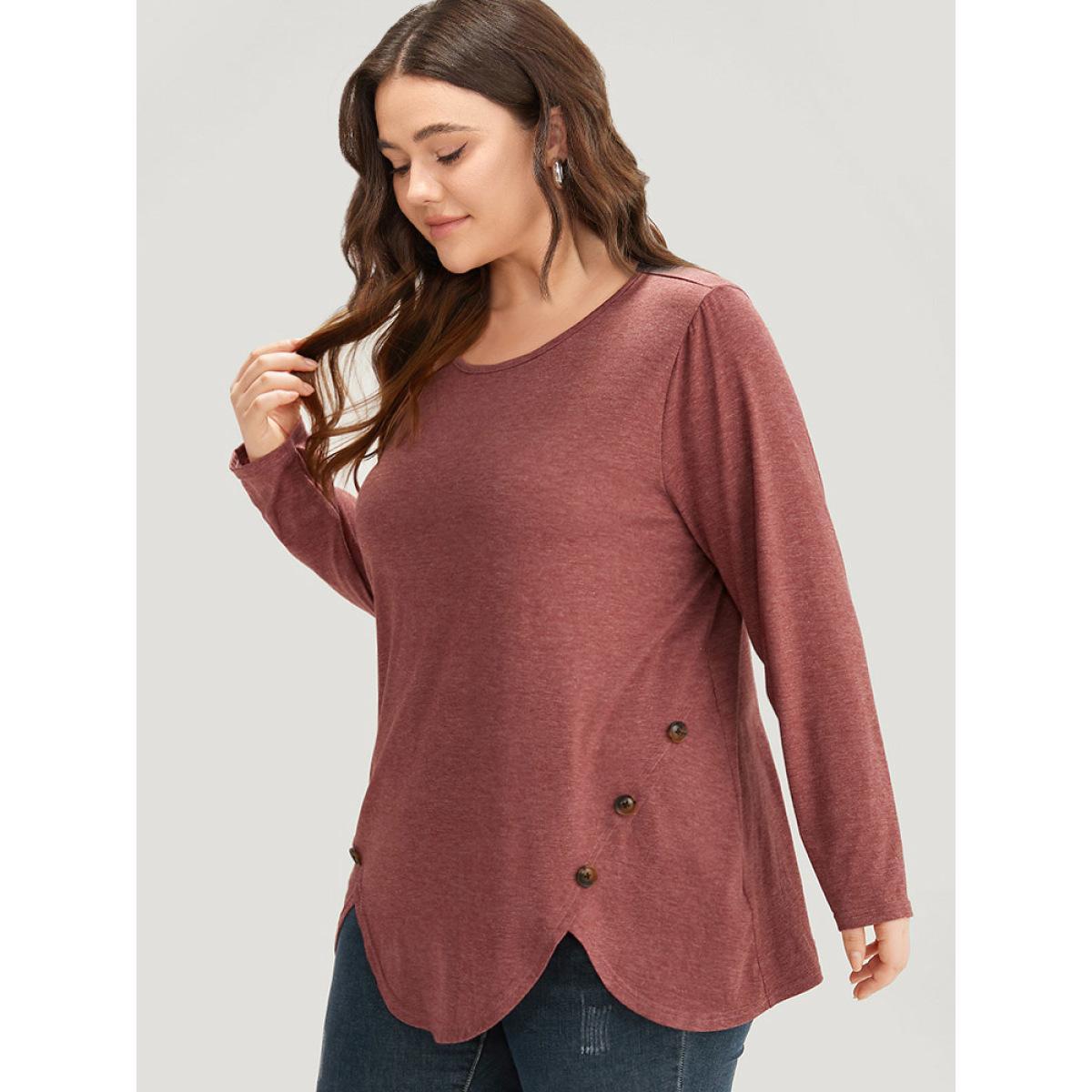 Plus Size Plain Round Neck Button Detail T-shirt Russet Women Casual Plain Plain Round Neck Dailywear T-shirts BloomChic 12/L Product Image