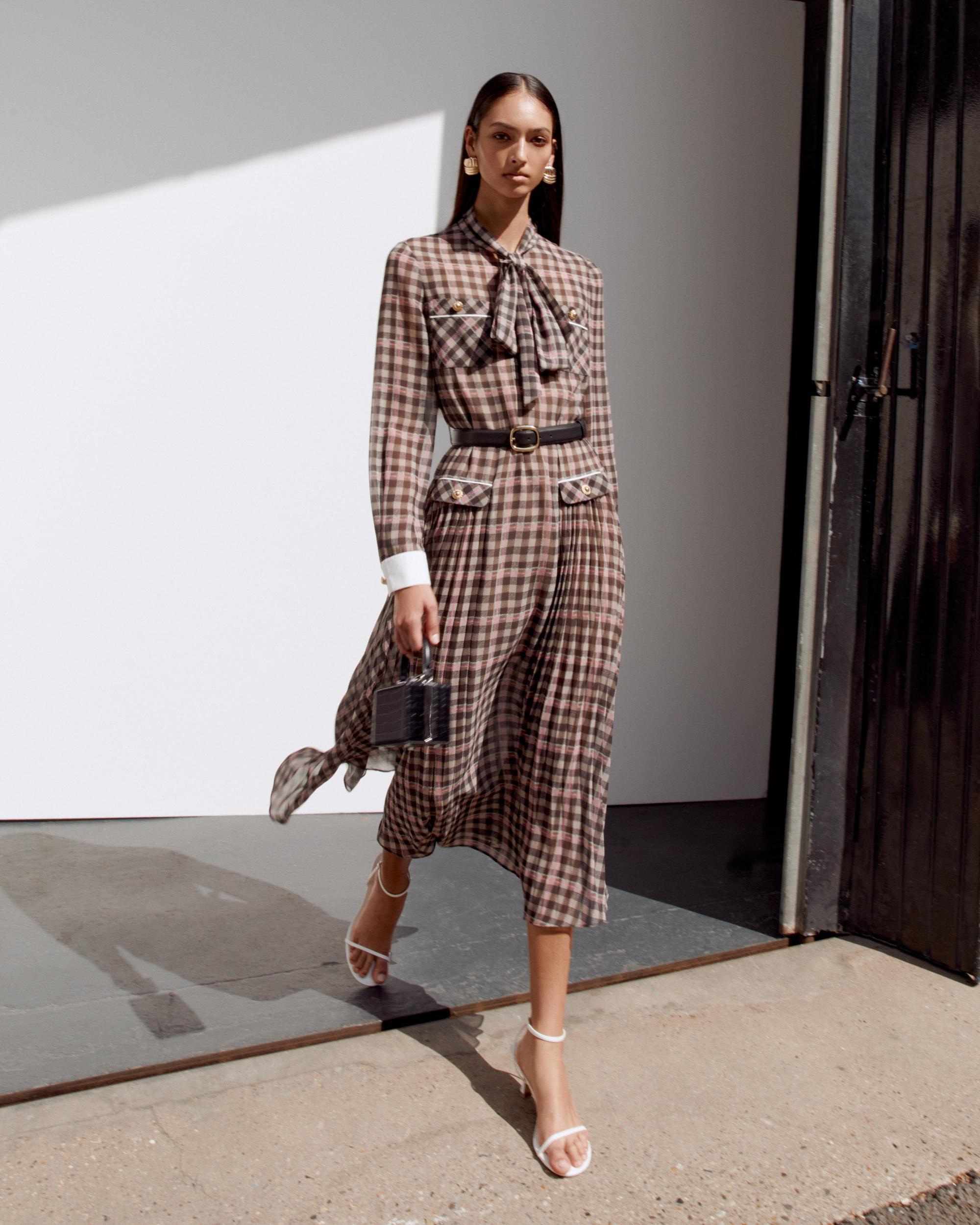 Brown Check Chiffon Midi Dress Product Image