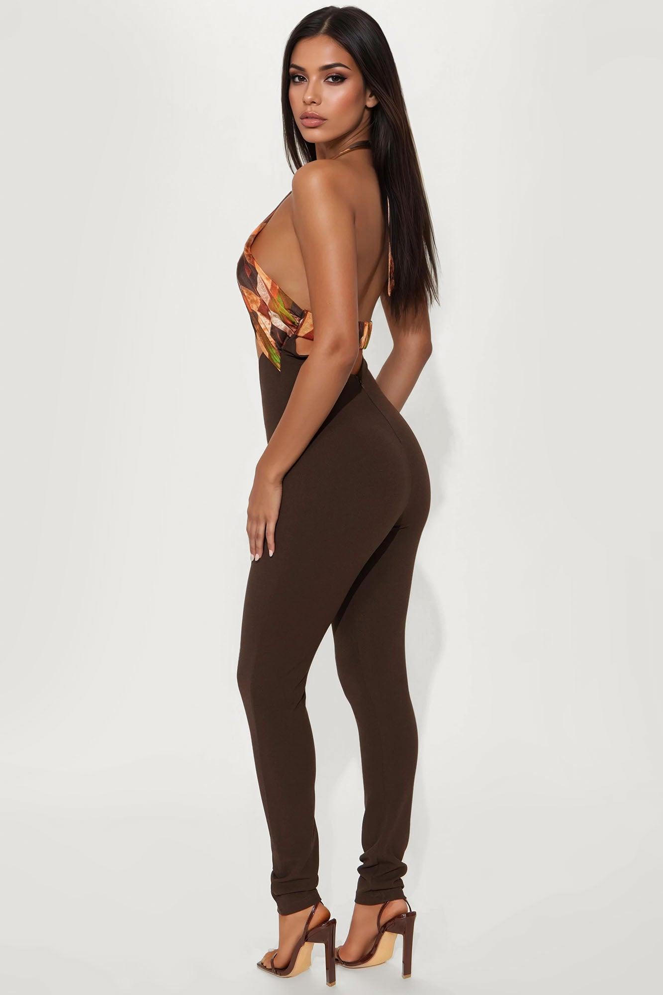 Mina Halter Skinny Jumpsuit - Brown/combo Product Image