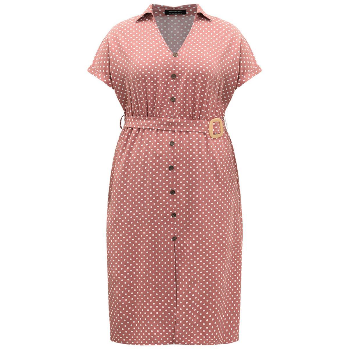 Plus Size Polka Dot Metal Buckle Belt Button Detail Dress DustyPink Women Office Belted V-neck Short sleeve Curvy Midi Dress BloomChic 18-20/2X Product Image