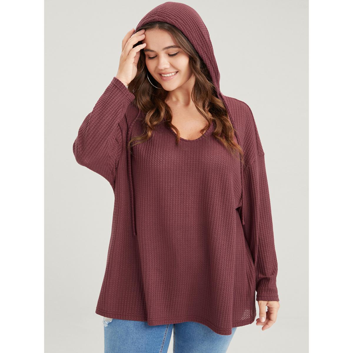 Plus Size Plain Ties Waffle Knit Hooded Sweatshirt Women Scarlet Casual Plain Hooded Dailywear Sweatshirts BloomChic 12/L Product Image