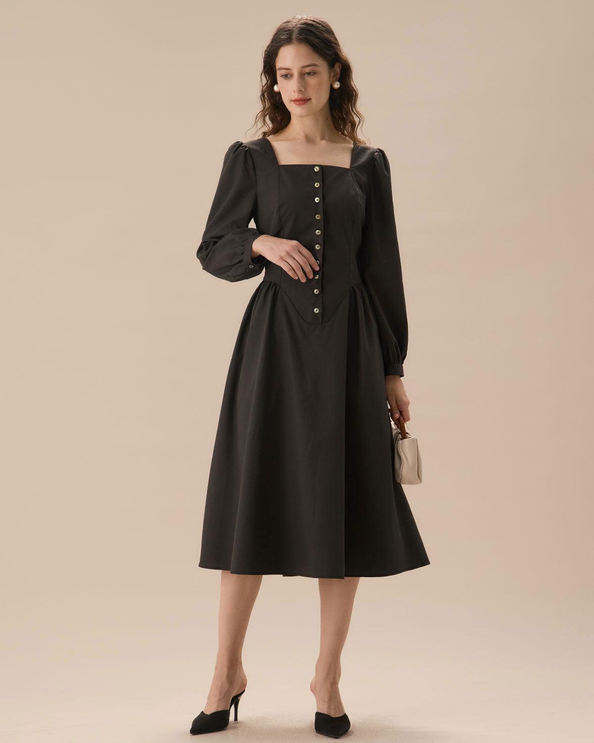 Black Square Neck Puffed Sleeve Midi Dress Product Image